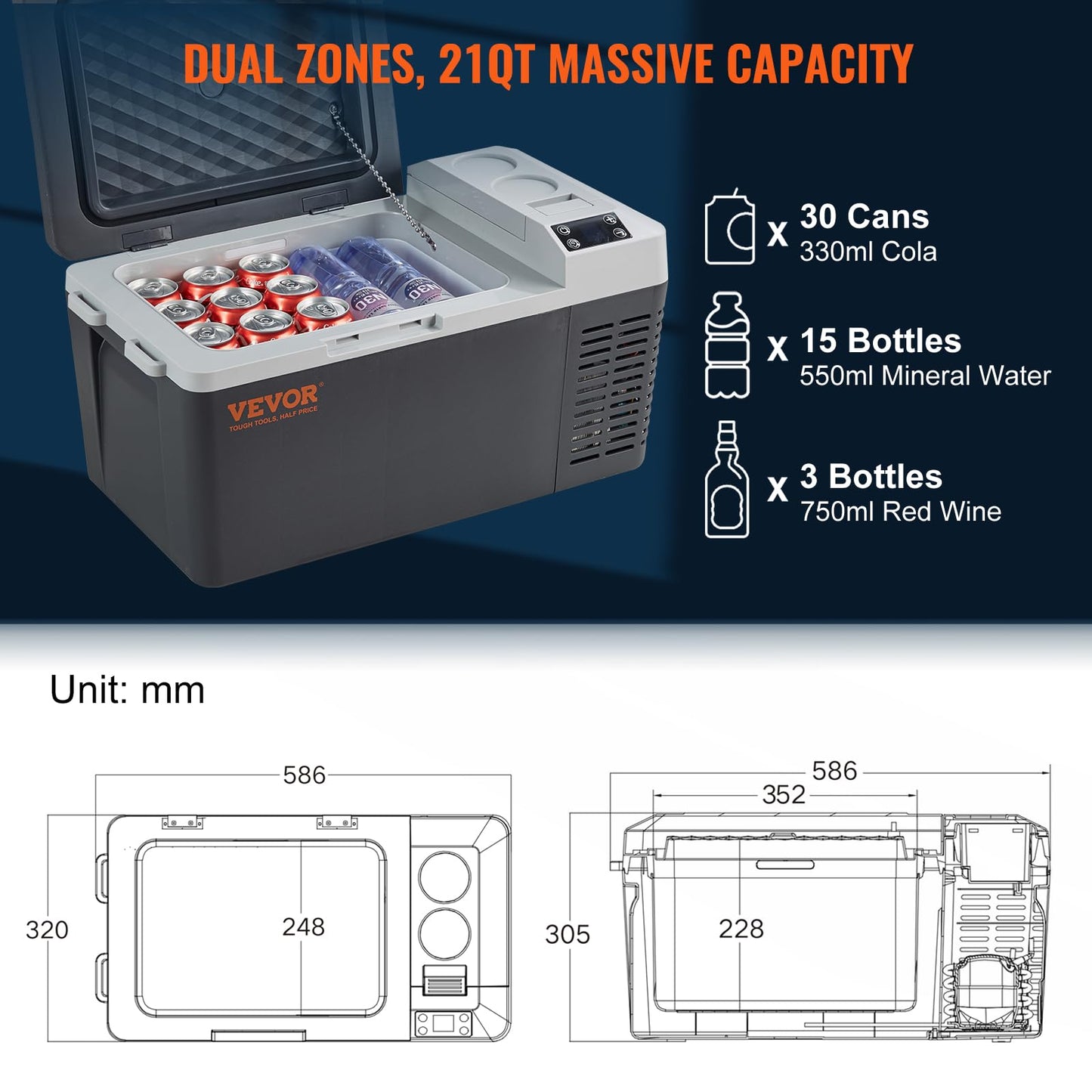 VEVOR 20 L Kühlbox 12/24 V Tragbarer Kühlschrank, Elektrische Gefrierbox Klein Gefrierschrank -20~10 ℃, Elektrische Kompressor Kühlbox 580 x 330 x 310 mm für Auto, Camping, Lkw, Boot usw.