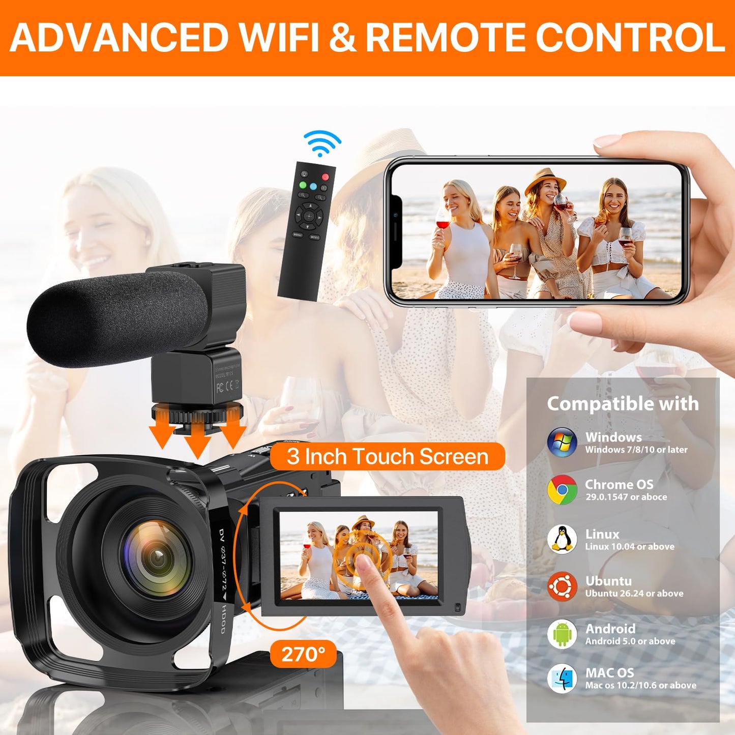 Videokamera 5K Camcorder WiFi HD 48MP IR Nachtsicht Vlogging Kamera für YouTube 16X Digital Zoom 3" Touchscreen Kamera Recorder mit Mikrofon, Handstabilisator, Objektivhaube, Fernbedienung,2 Batterien