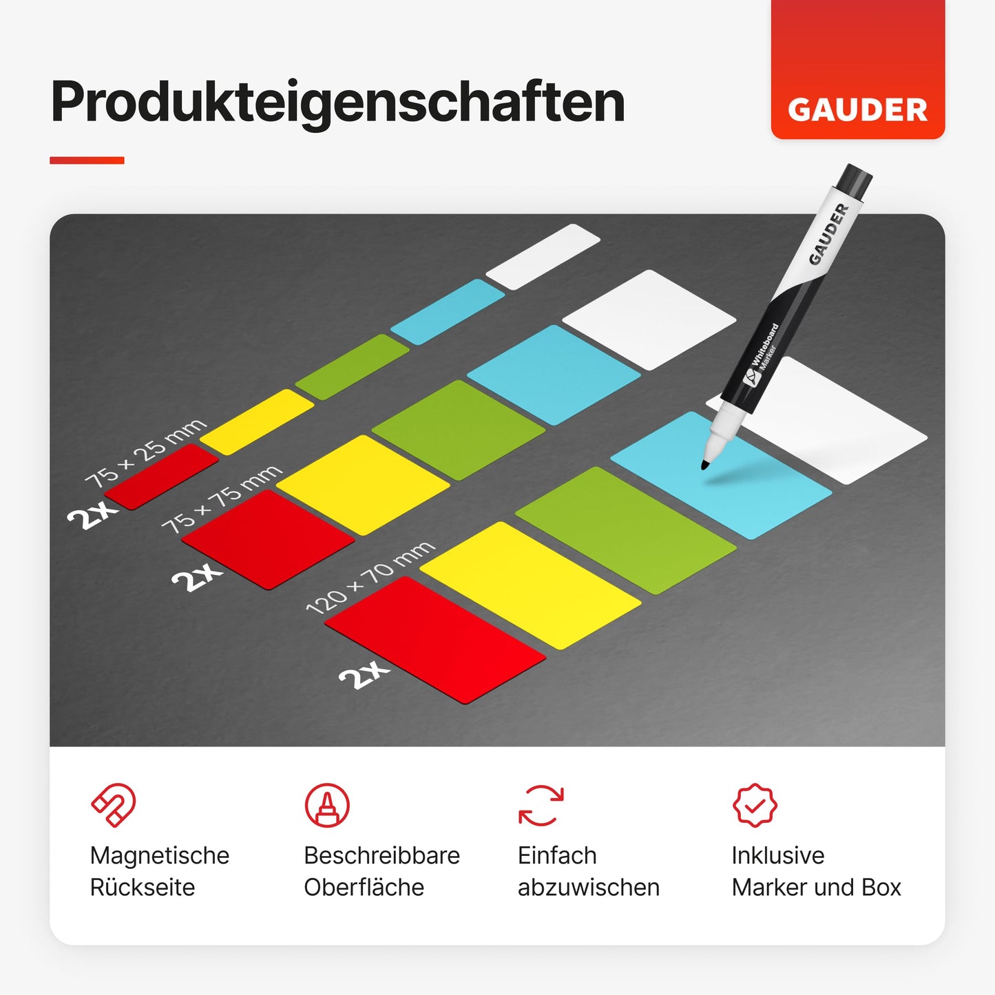 GAUDER Magnetstreifen beschreibbar | Magnetschilder zum Beschriften | Magnetkarten für Kanban Board, Whiteboard & Tafel