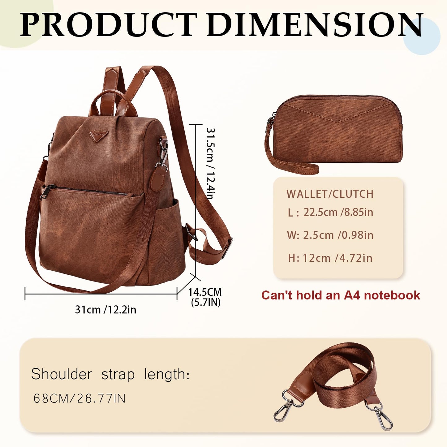 Leathario Damen Rucksack klein，Cityrucksack aus Veganem Leder Eleganter Rucksack，Antidiebstahl-Kleiner Rusack für Mädchen Und Fraun Modern zur Schule Arbeit Reise, Braun