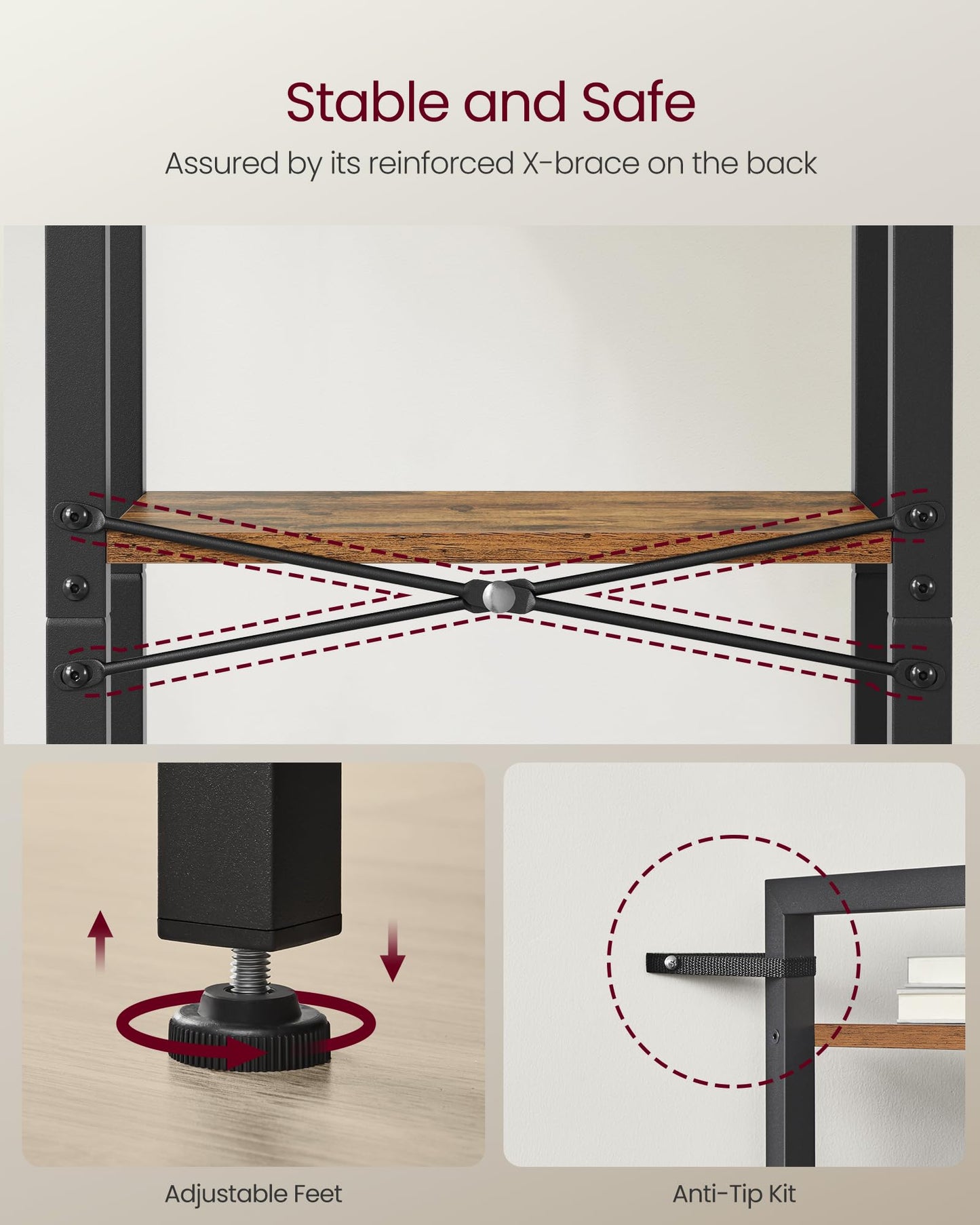 VASAGLE Bücherregal 4 Ebenen im Industriestil, Rustikales Braun und Tintenschwarz, 24 x 40 x 107 cm für Wohnzimmer und Büro