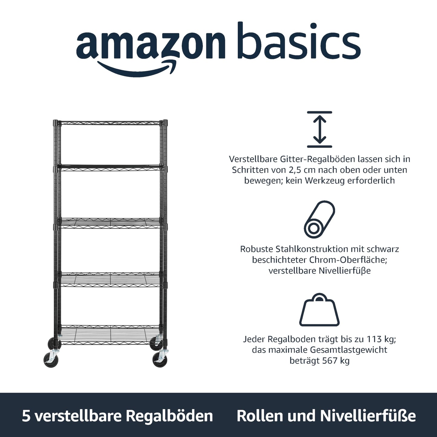 Amazon Basics Lagereinheit mit 5 Regalböden, auf 10,2 cm großen Rollen, mit höhenverstellbaren Einlegeböden und Nivellierfüßen, Maximalgewicht 680 kg, Schwarz, 35.6 x 76.2 x 162.2 cm (T x B x H)