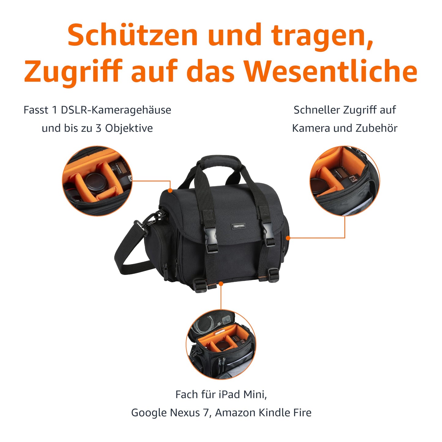 Amazon Basics - Schultertasche für SLR-Kamera und Zubehör, Groß, Verstellbarer Gurt, Wasserdicht, Stoßfest, Einfarbig, Gepolstert - Schwarz/Orange