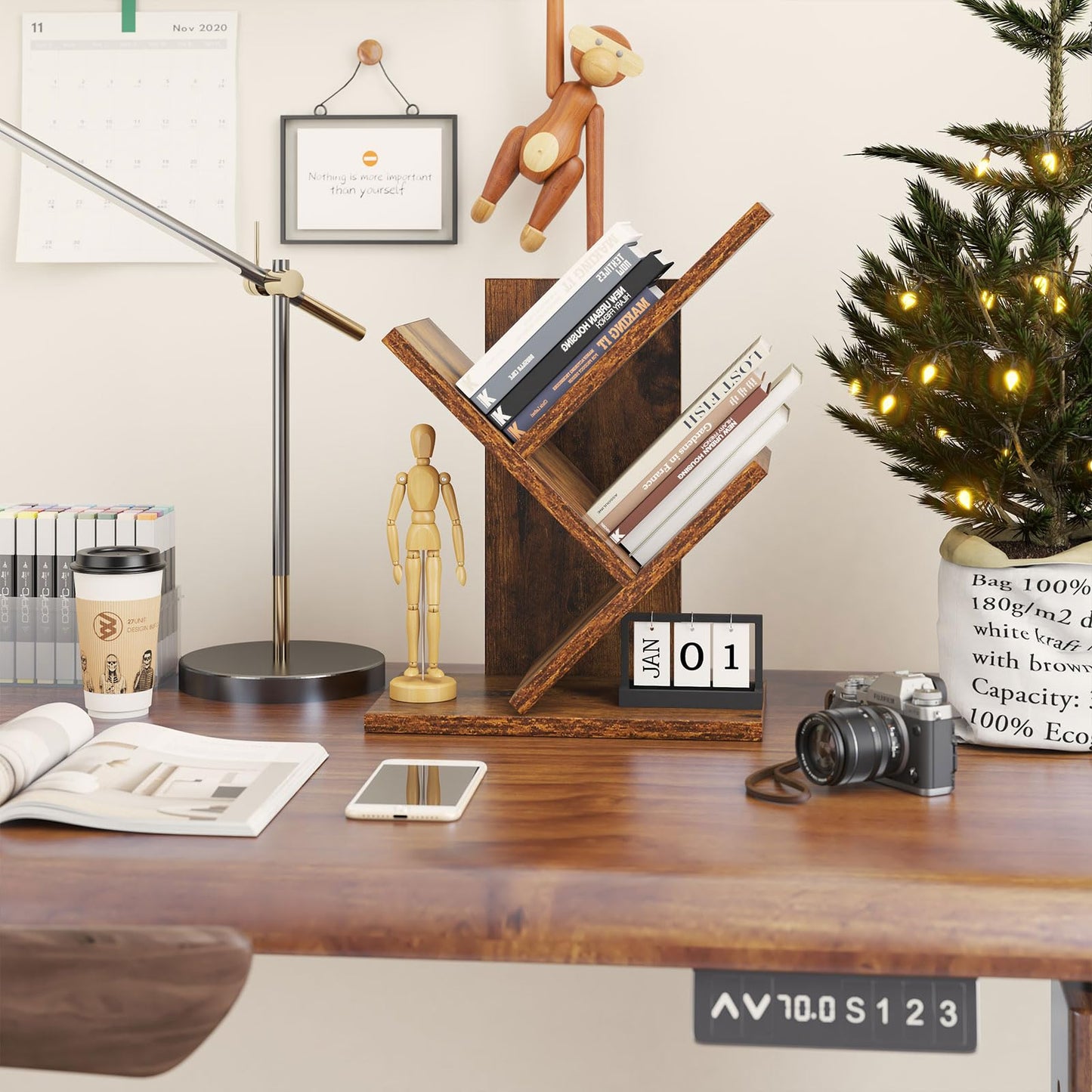 YMYNY Bücherregal im Baumform, 2 Ebenen Schreibtisch-Organizer, Modernes Holzregal für Bücher/Filme/CDs, Schmaler Display Ständer für Schlafzimmer, Home Office, Rustikal Braun HBC012H