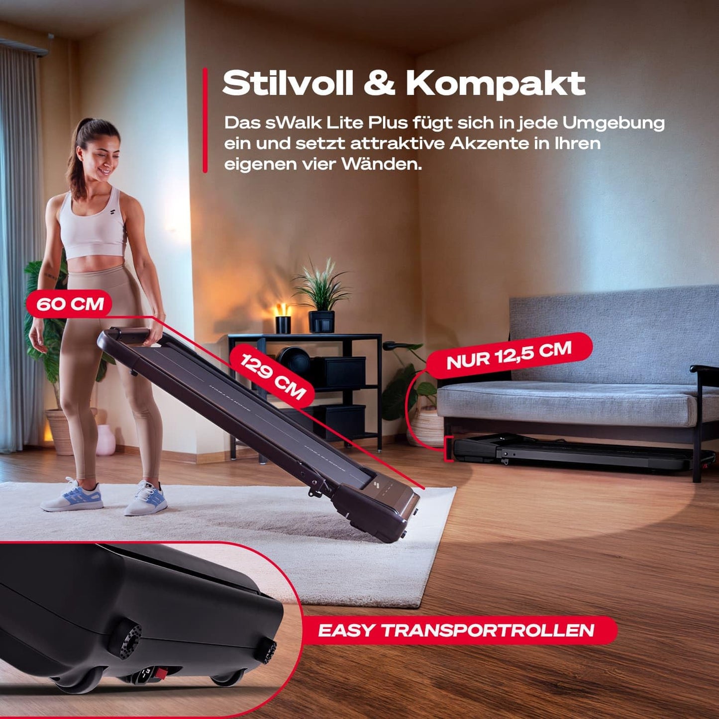 Sportstech Laufband Walking Pad für Zuhause, mit manueller Steigung, Walking Pad bis 6 km/h, Treadmill bis 12km/h, App, Fernbedienung, kompakt, Home Office (sWalk lite Plus)