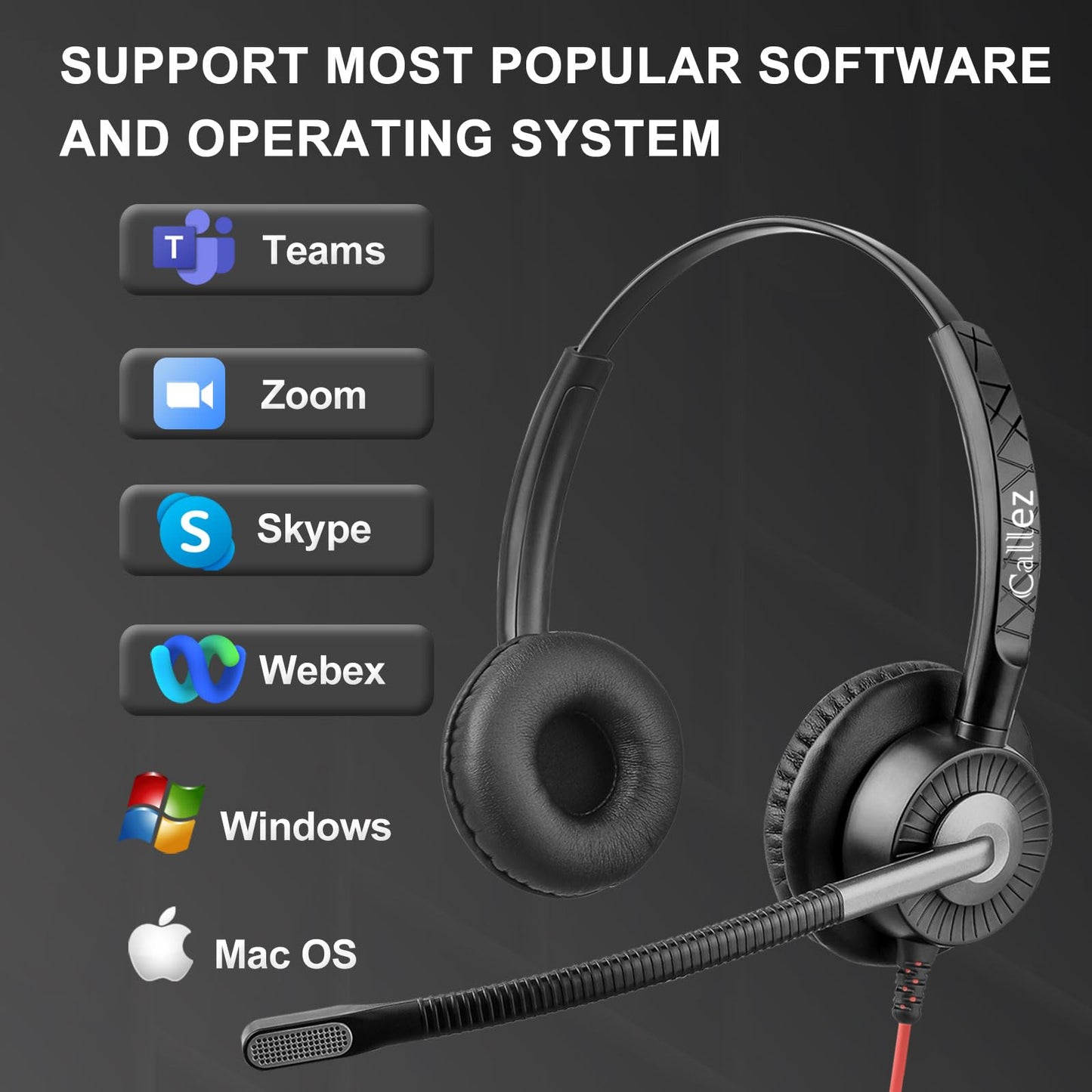 Callez USB Headset mit Mikrofon, PC Headset mit ENC Dual Noise Cancelling Mikrofon, USB Kopfhörer mit Teams Anruftaste für Teams Zoom Skype Videokonferenzen Homeoffice Büro Business Call Center
