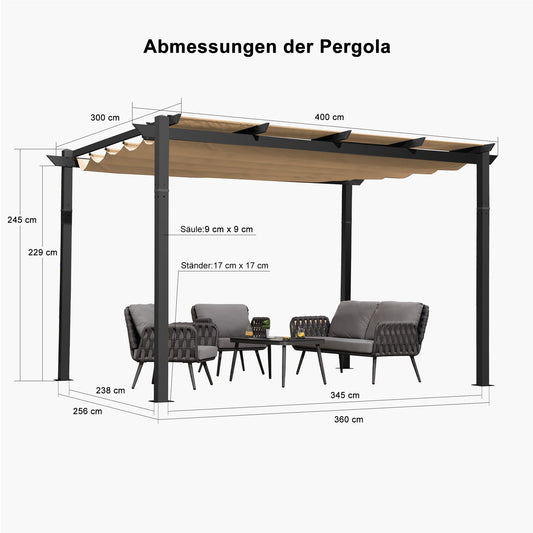 PURPLE LEAF Garten Pavillon Pergola 300 x 400 cm Aluminium, Pergola Wasserdicht Sonnendach mit Schiebedach, Garten-Pergola Mit Markisenschutz für Garten Terrasse, UV Beschattung, Beige