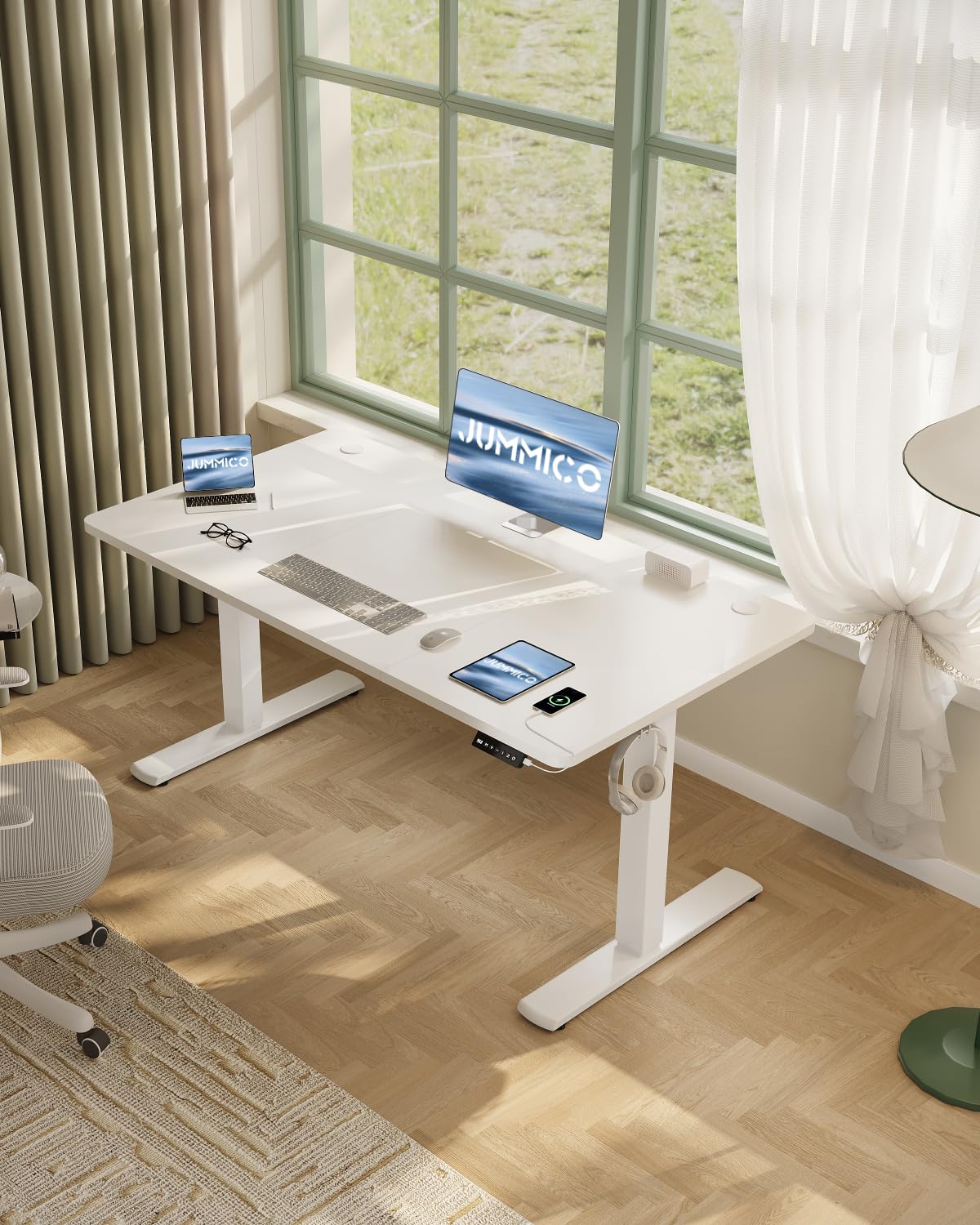 JUMMICO Höhenverstellbarer Schreibtisch mit USB-Ladeanschluss,Schreibtisch Höhenverstellbar Elektrisch, Steh-Sitz Tisch Stehpult Verstellbarer Computertisch,Standing Desk,120 x 60 cm, Weiß
