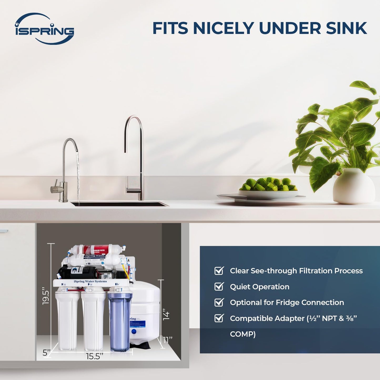 iSpring RCC7P-AK 6-stufiges Umkehrosmose-System unter dem Waschbecken mit alkalischem Wasserfilter und Pumpe, pH+, 75 GPD, TDS-Reduktion, WQA-zertifiziertes RO-Trinkwasser-Filtrationssystem