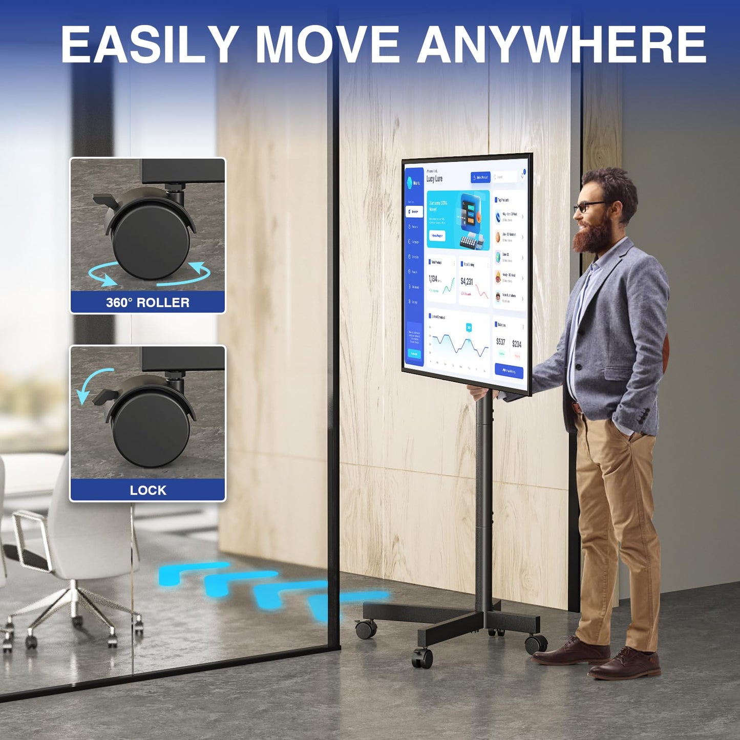 RFIVER TV Ständer Rollbar mit Rollen für 23-65 Zoll Plasma/LCD/LED Fernseher, Fernsehständer Mobiler TV Wagen höhenverstellbar TV Stand Trolley Hält 40kg VESA 400x400 mm