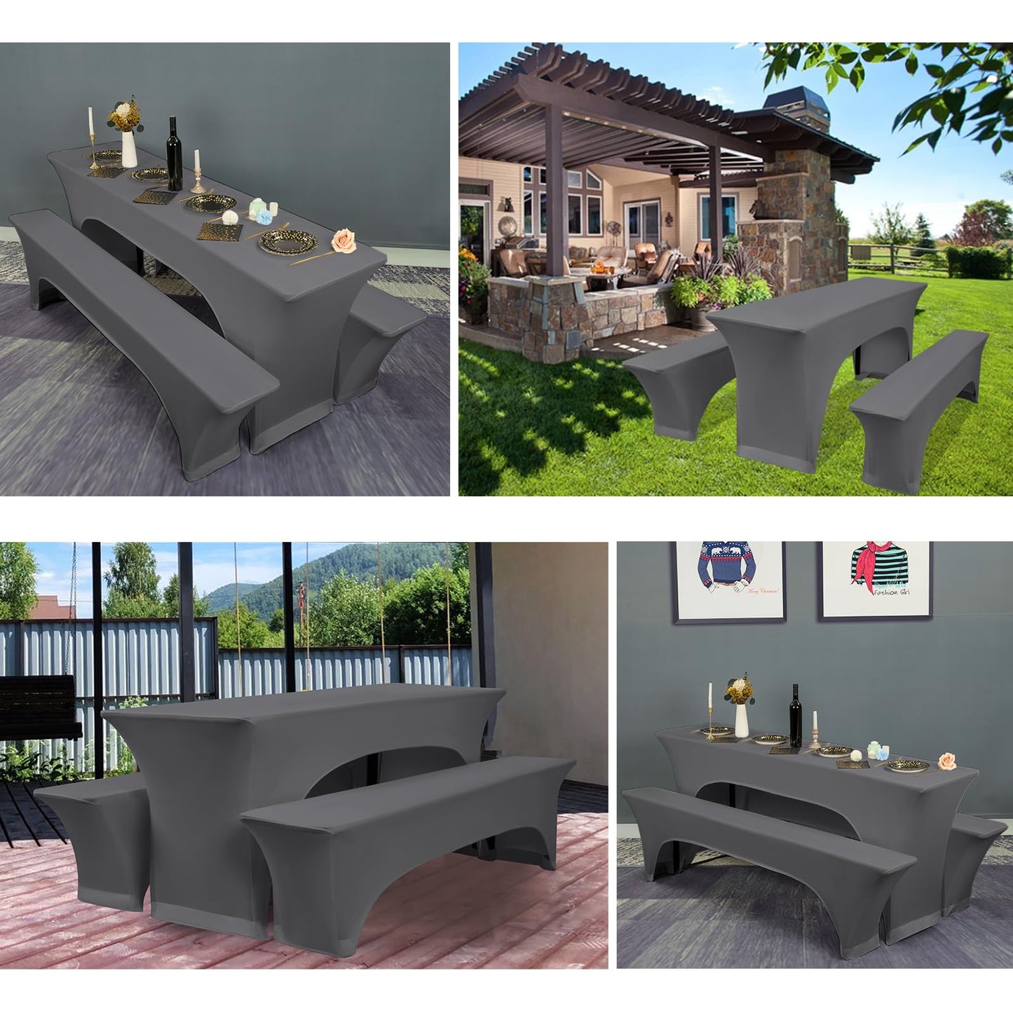 3er-Set Elastische Biertischhussen,Dunkelgrau Elastische Wasserdicht Bierbankhusse und Tischdecken,50 cm Tischbreite,Wasserdicht Bierzeltgarnituren 220 x50 x70 cm,für Bankett Gartenmöbel Abdeckungen.