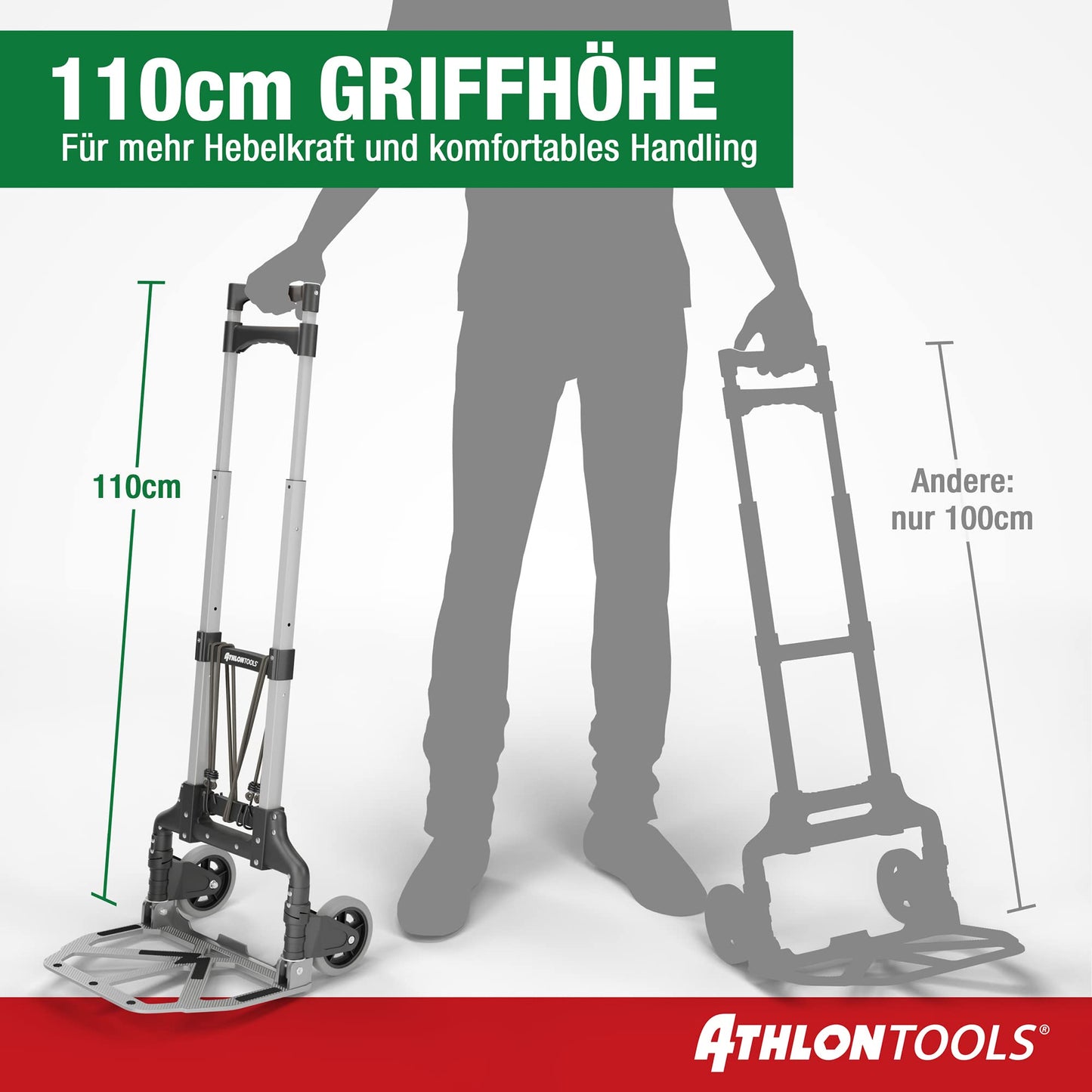 ATHLON TOOLS Aluminium Transportkarre klappbar - extra langer Teleskopgriff 110 cm - Ladefläche mit Anti-Rutsch-Pads - Leichtgängige Räder mit Soft-Laufflächen - inkl. 2 Expanderseilen - Modell 2024