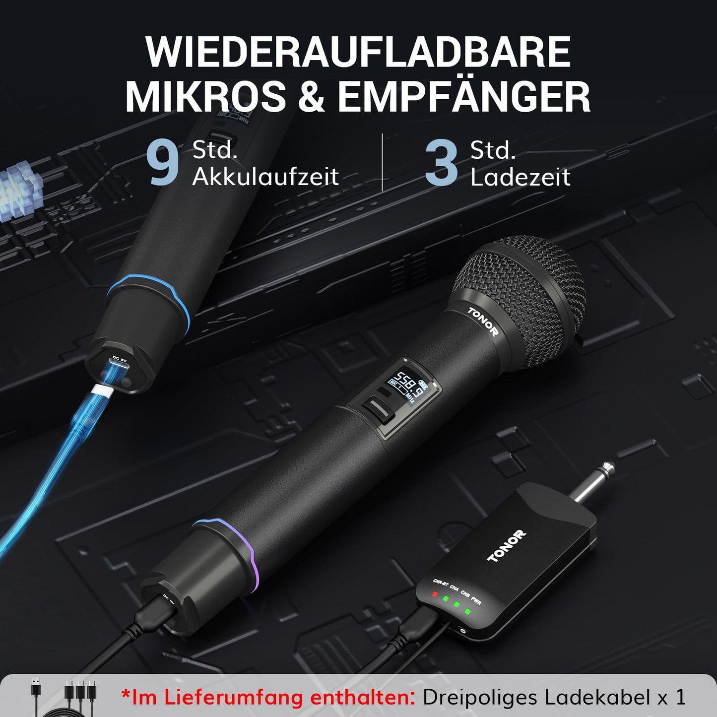 TONOR Mikrofon Kabellos, Bluetooth Wiederaufladbares Funkmikrofon, Metall UHF Drahtloses Mikrofon Set, 2x25 Einstellbare Wireless Microphone für PA Anlage Karaoke Hochzeit Party Konferenz 100m, TW720