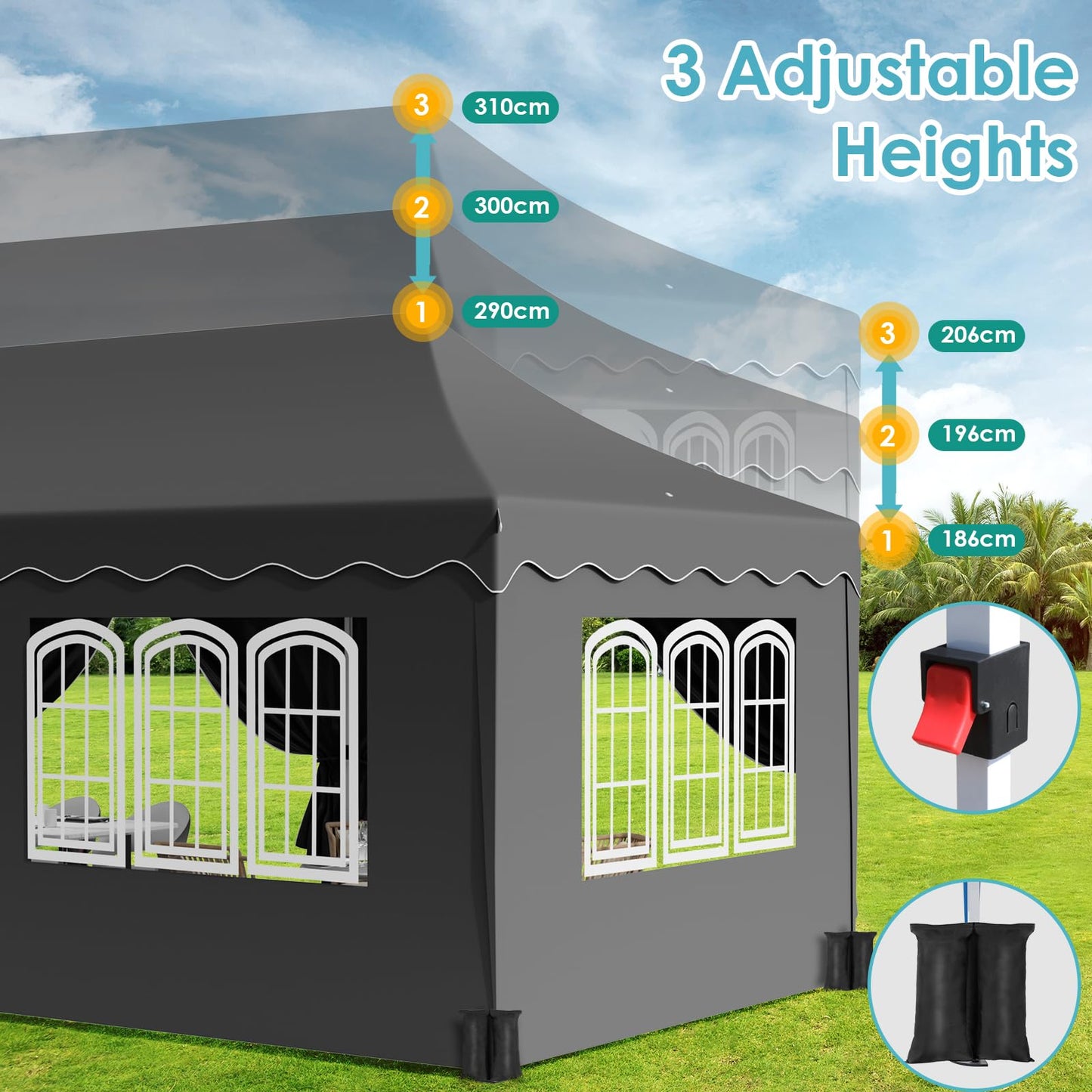 Pavillon 3x6 mit 6 Seitenwänden, Faltpavillon 3x6 Wasserdicht Stabil Winterfest, Faltbar Partyzelt 3x6,UV Schutz 50+ Gartenpavillon,6 Sandsäcke 12 Erdhaken,für Markt,Hochzeiten,Patio (Grau)