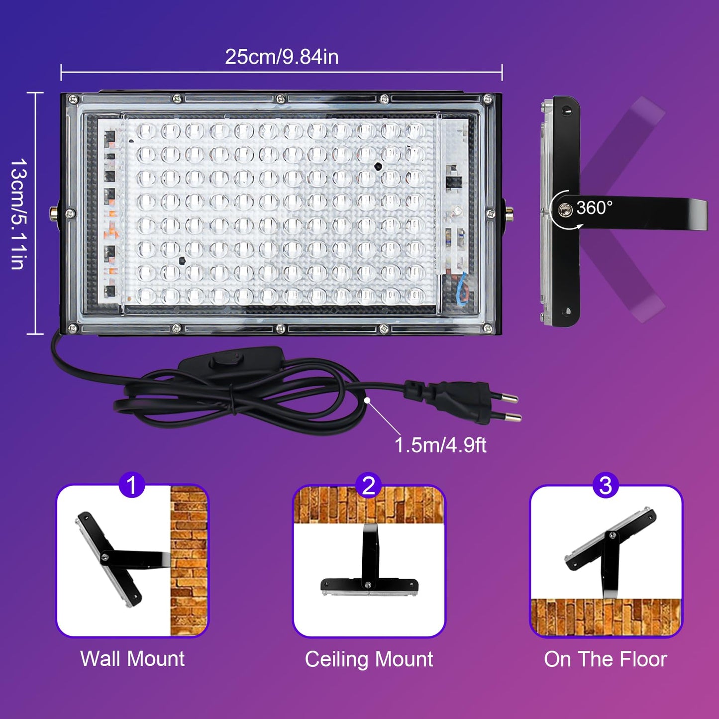 LED Schwarzlicht Strahler 100W, Indmird Schwarzlichtlampe mit Stecker, IP65 Wasserdicht UV Strahler mit Schalter, 395-400nm UV Flutlicht Partylicht für Bar,Disco,Party,Halloween,Bühnen