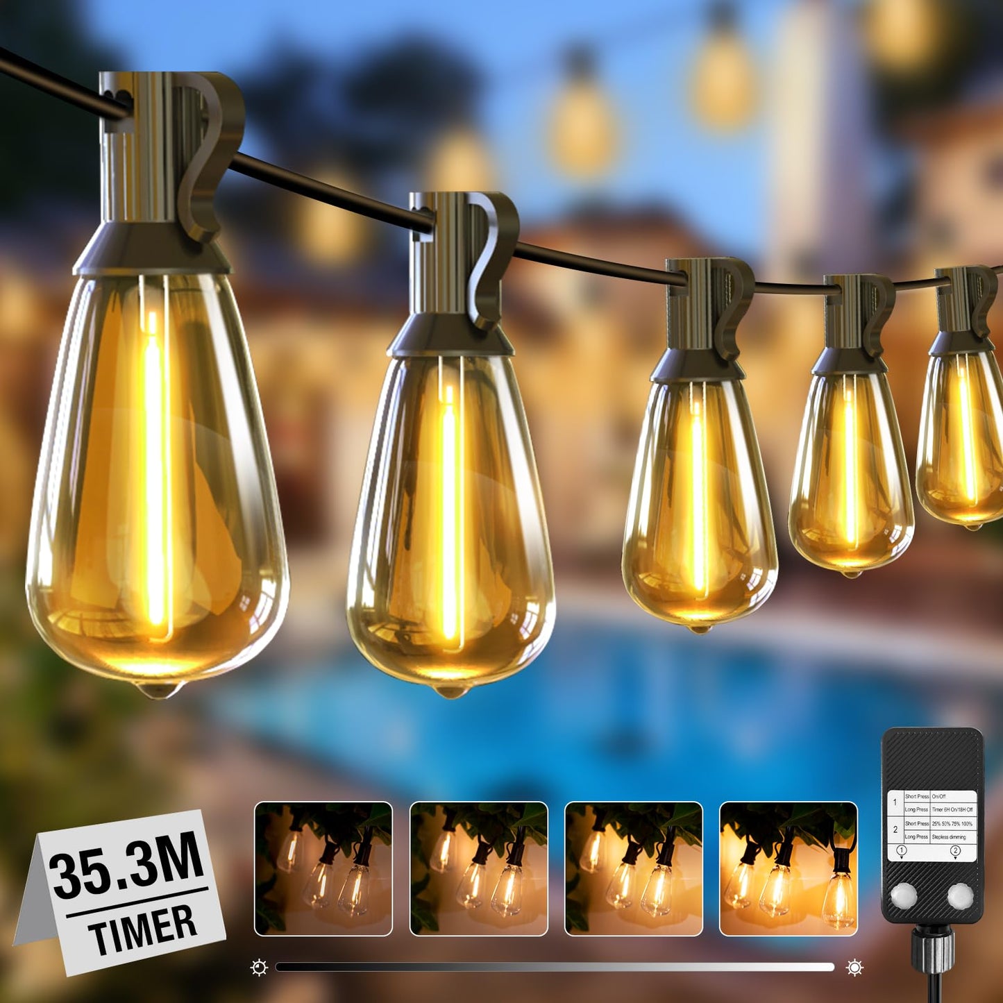 litogo LED Lichterkette Außen Dimmbar mit Timer, 35.3M Deko Lichterkette Aussen Strom mit Retro Warmweiß Glühbirnen Plastik, Wetterfest lichterketten für Garten Balkon Party Pavillon Terrasse