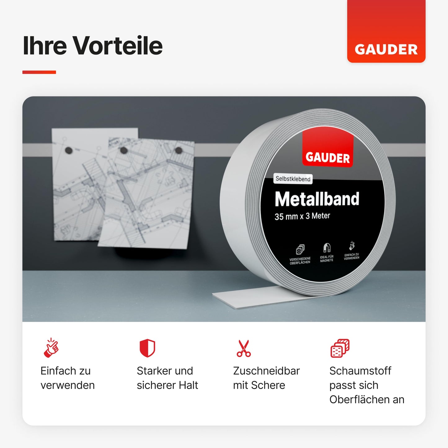 GAUDER Metallband selbstklebend I Ideal für Tonies®-Figuren & -Regale I Ferroband I Magnetband für Magnete I Eisenband I Stahlband (12,5m)