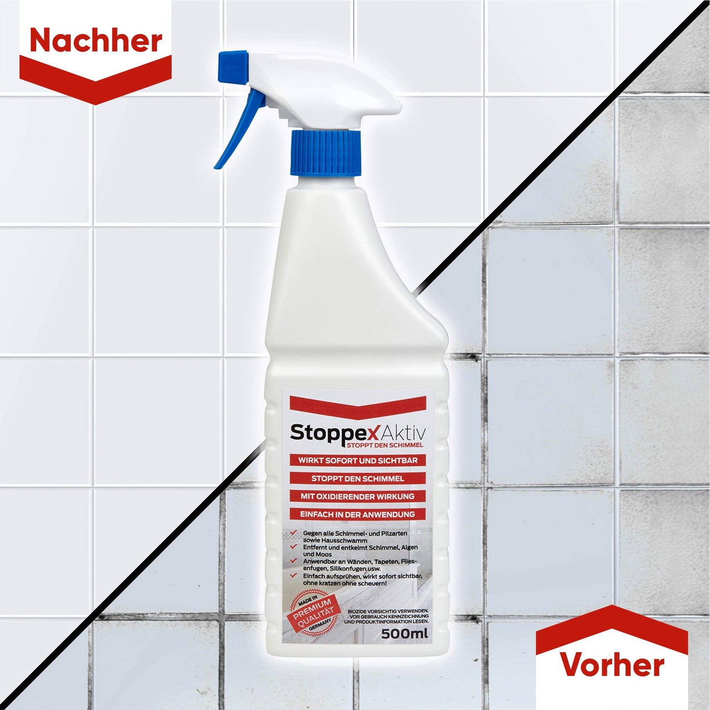Stoppex® Aktiv-Profi Schimmelentferner gegen Schimmel für Wand, Bad und Silikonfugen I Extrastarker, chlorhaltiger Anti Schimmelspray gegen Stockflecken u. Schimmelpilz