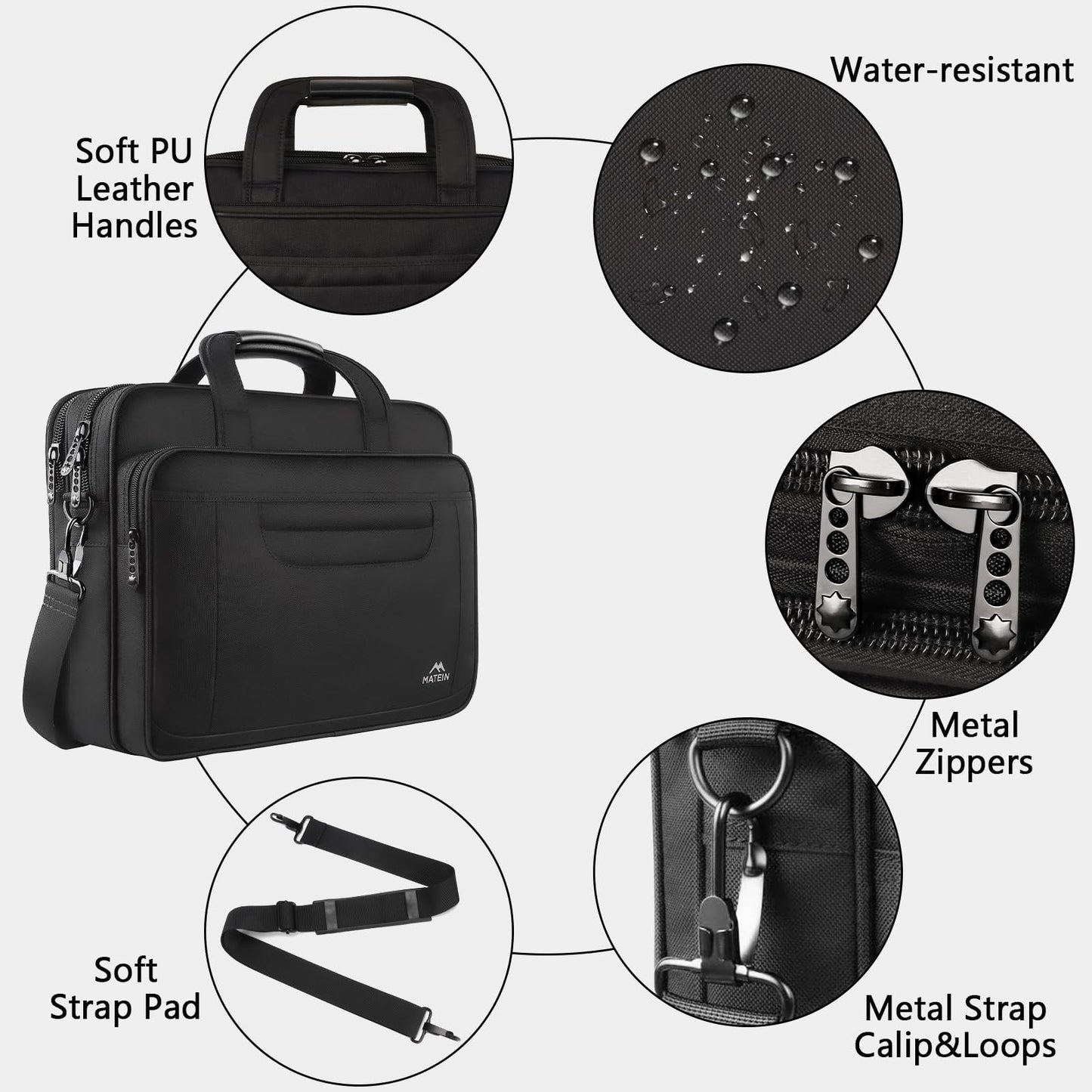 MATEIN Laptoptasche 15,6 Zoll, Laptop Aktentasche Herren Notebook, Computer Tasche Multifunktionale Business Schulter Tasche für Männer Frauen Umhänge, Schwarz