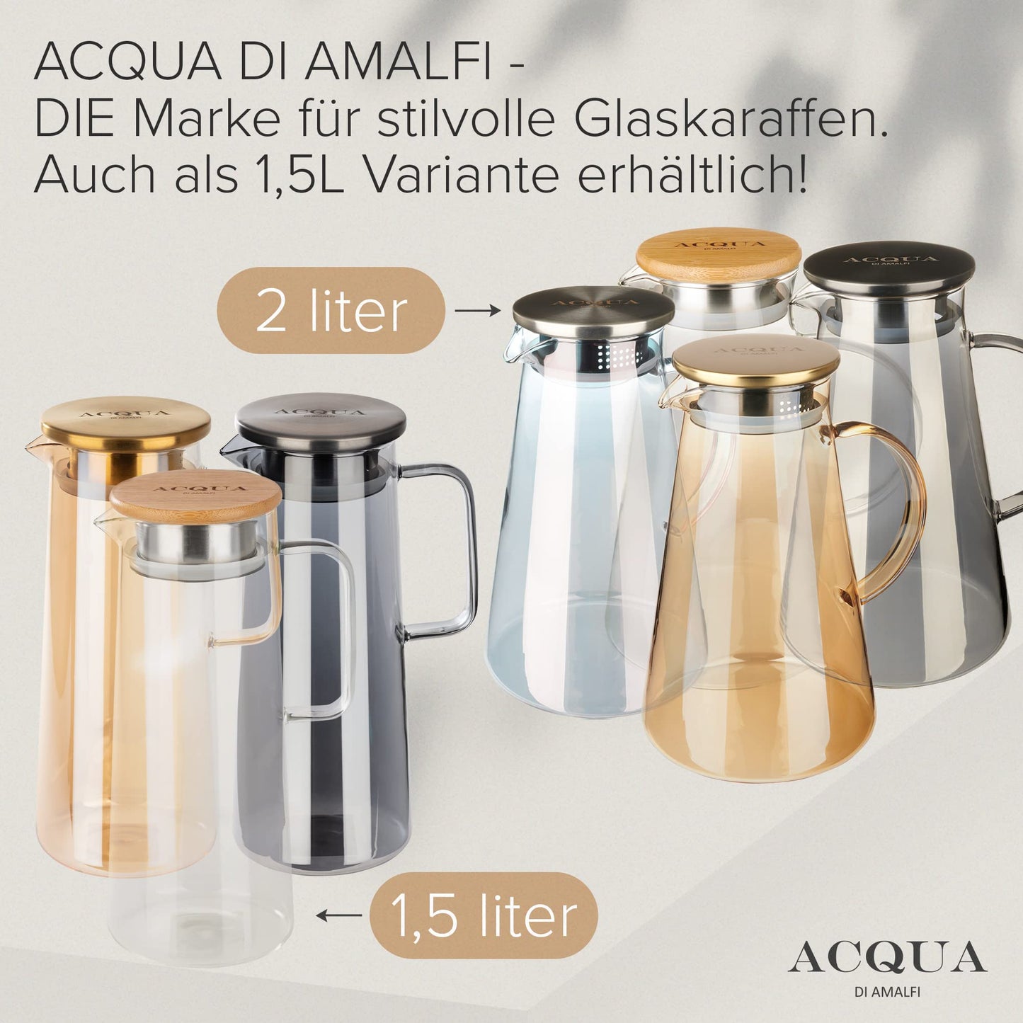 ACQUA DI AMALFI® Glaskaraffe | Wasserkaraffe 2 Liter mit Edelstahl/Bambus Deckel | Wasserkrug mit Fruchteinsatz | Auslaufsicher | Karaffe auch als Teekanne (BLACK/BLACK)