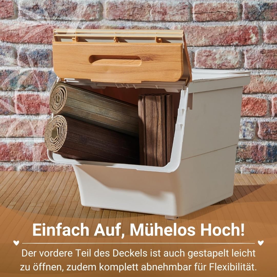 Parpalinam 12L Aufbewahrungsbox mit Deckel und Rollen, stapelbare Aufbewahrungsboxen, hochwertige Kartoffel Ordnungsboxen, BPA-freier und lebensmittelechter Organizer (Bambus/Beige)
