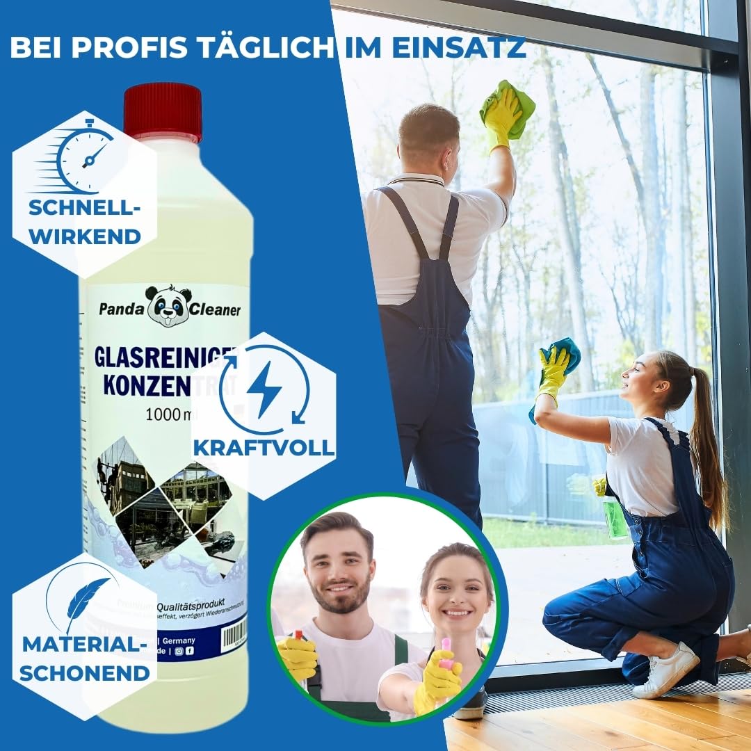 PandaCleaner Glasreiniger Konzentrat - 1000ml Glasreiniger Fenster - Fensterreiniger Konzentrat für streifenfreie Reinigung - Für alle Fenstersauger (1000ml)
