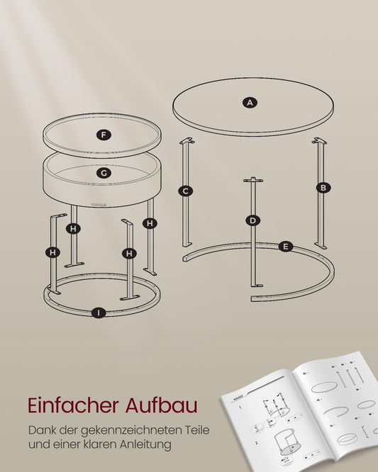 VASAGLE Couchtisch rund, 2er Set, Beistelltisch, Satztisch, modern, versteckter Stauraum, Tablett, für Wohnzimmer, Schlafzimmer, Balkon, vintagebraun-tintenschwarz LCT044K01