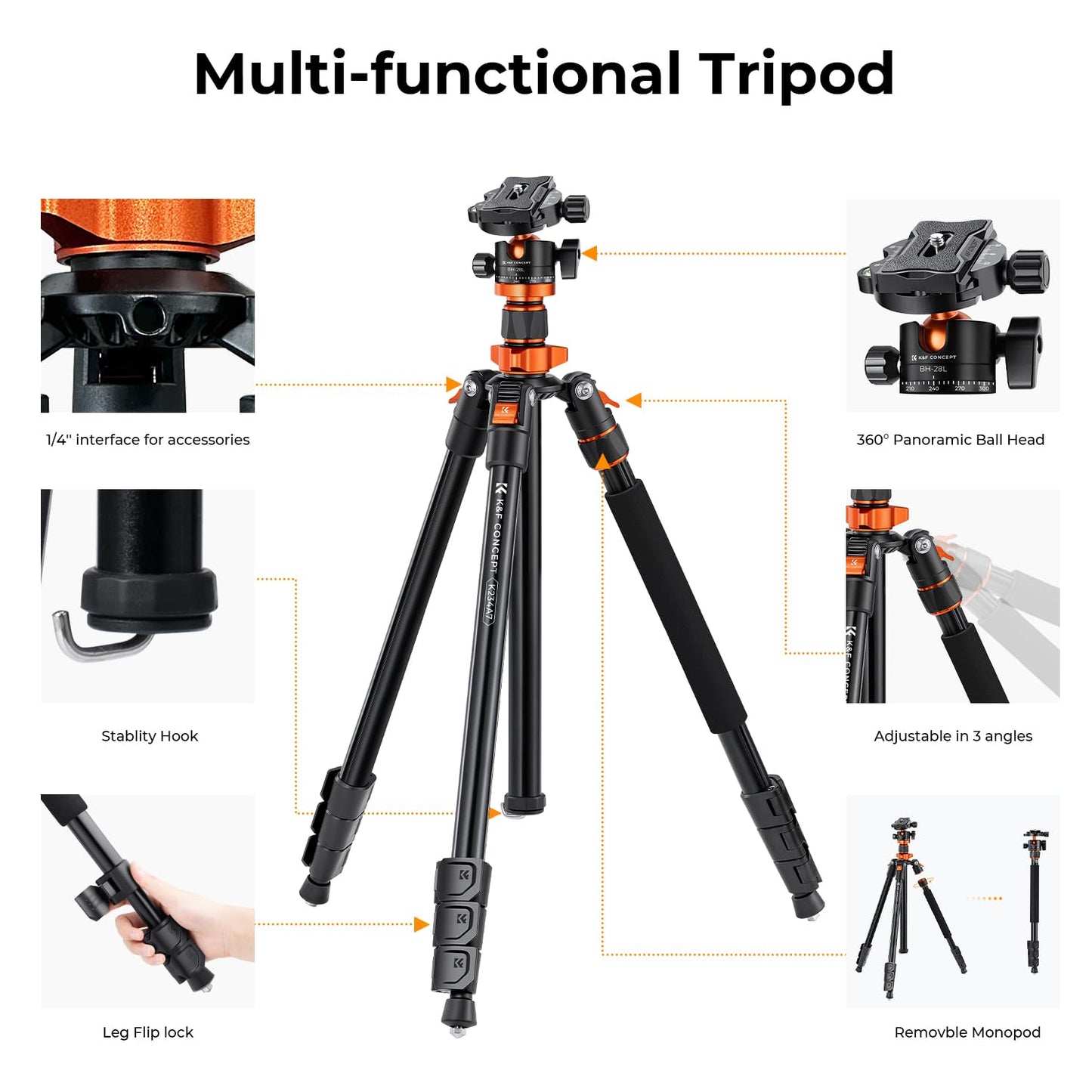 K&F Concept 200cm Stativ, Aluminium Kamera Stativ, K234A7(S210) Tripod mit Einbeinstativ Funktion, 360° Kugelkopf inkl. Schnellverwechselplatte für Canon Nikon Sony Olympus