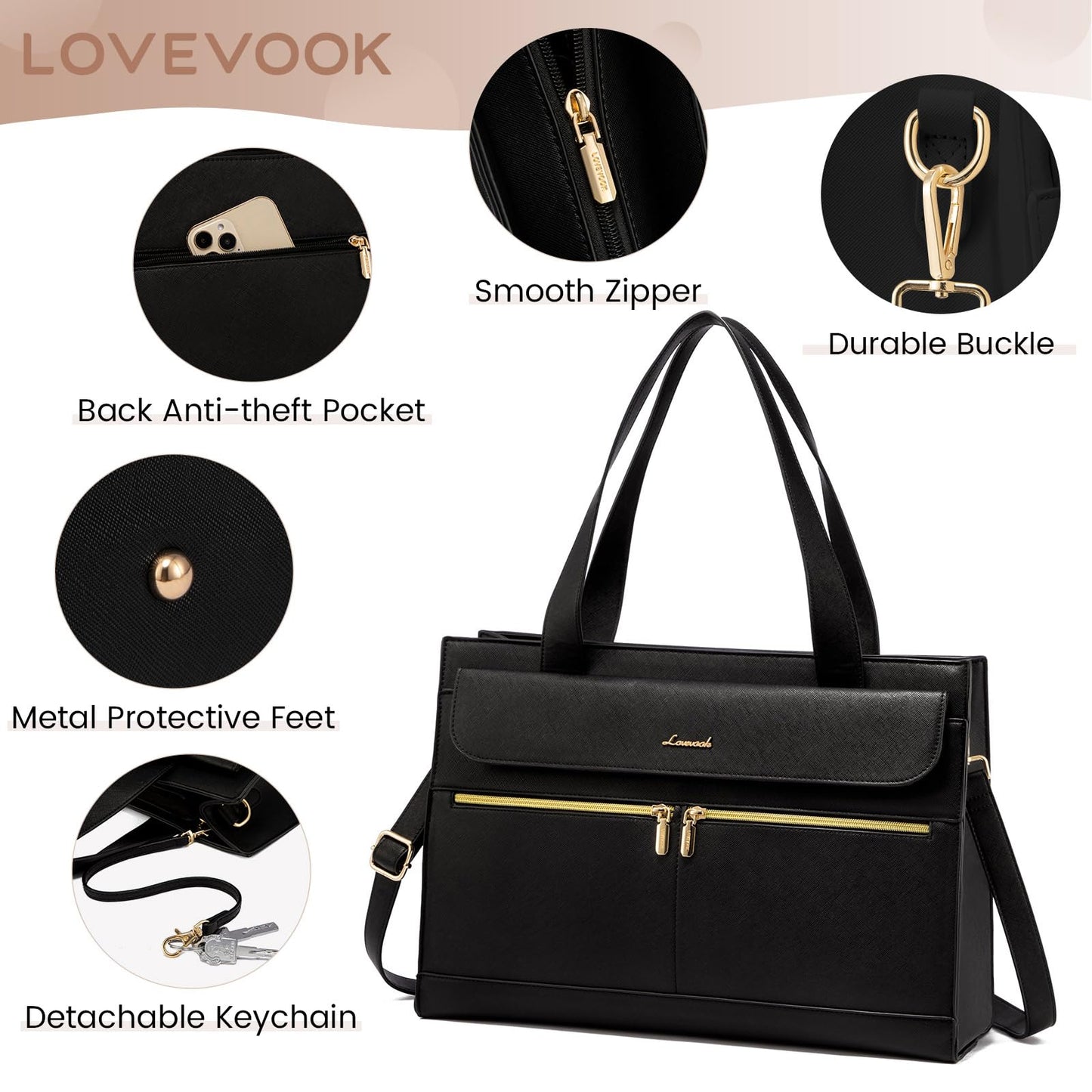 LOVEVOOK Laptop Handtasche Damen, Laptoptasche 15,6 Zoll Shopper Tasche Damen Groß, PU Leder Aktentasche Umhängetasche, Wasserdicht Arbeitstasche Lehrertasche für Business Büro Schule, Schwarz