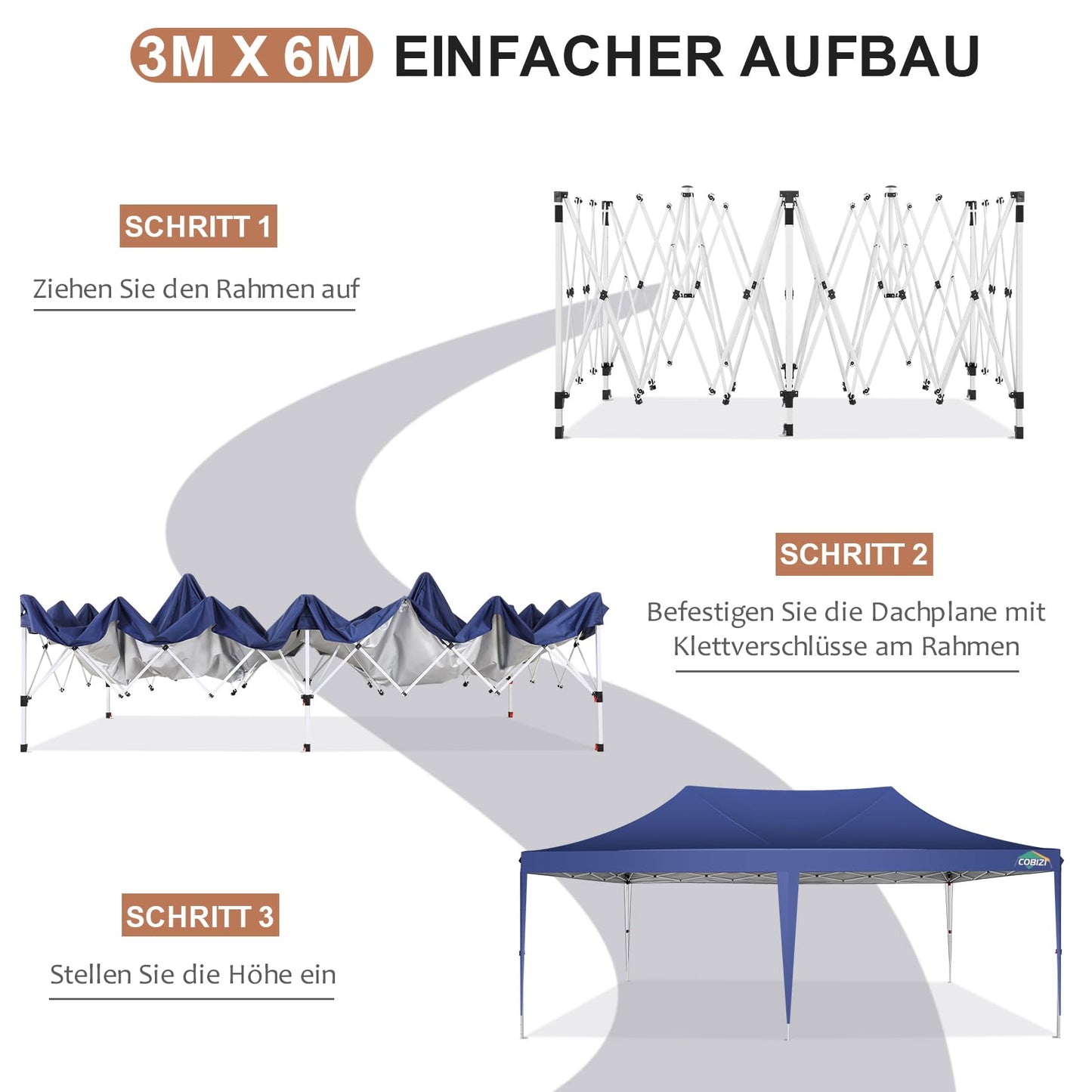 COBIZI Pavillon 3x6 Faltpavillon Wasserdicht Stabil mit 6 Seitenteilen Kegelförmig Partyzelt 3 Höhenverstellbar UV-Schutz Tragetasche Zelthering, Seile für Garten, Hochzeiten, Markt, Freien Event