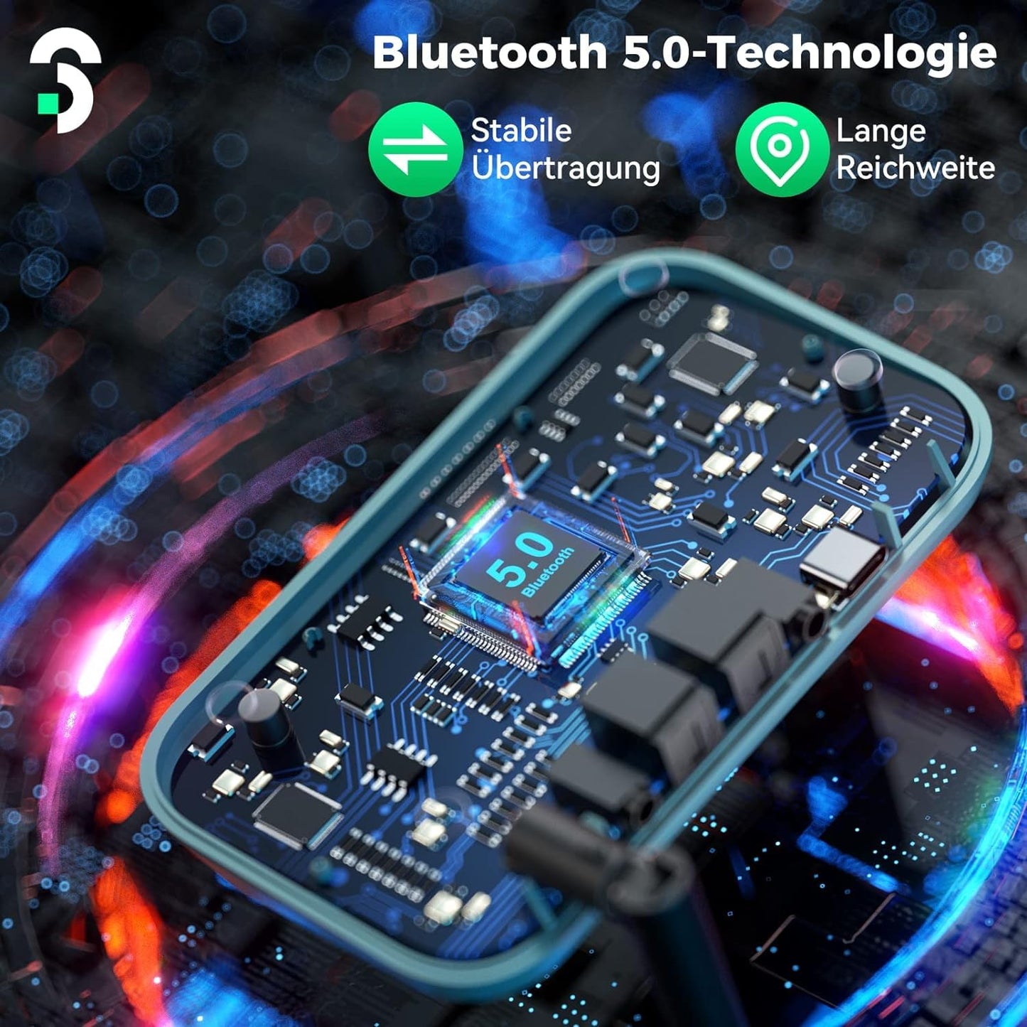 3-in-1 Bluetooth 5.0 Sender Empfänger für 2 Kopfhörer, SOOMFON Bluetooth Adapter Audio für TV PC Stereoanlage, Low Latency Bluetooth Transmitter Empfänger mit Lautstärkeregelung, Aux/RCA/Optisch