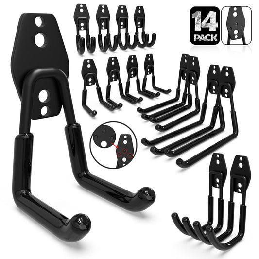 3-H 14 Stück Wandhaken Garage Haken Schwerlast Doppelhaken Multi Größe Garage Storage Hooks für Leiter Fahrrad Geräte Garten Schwarz