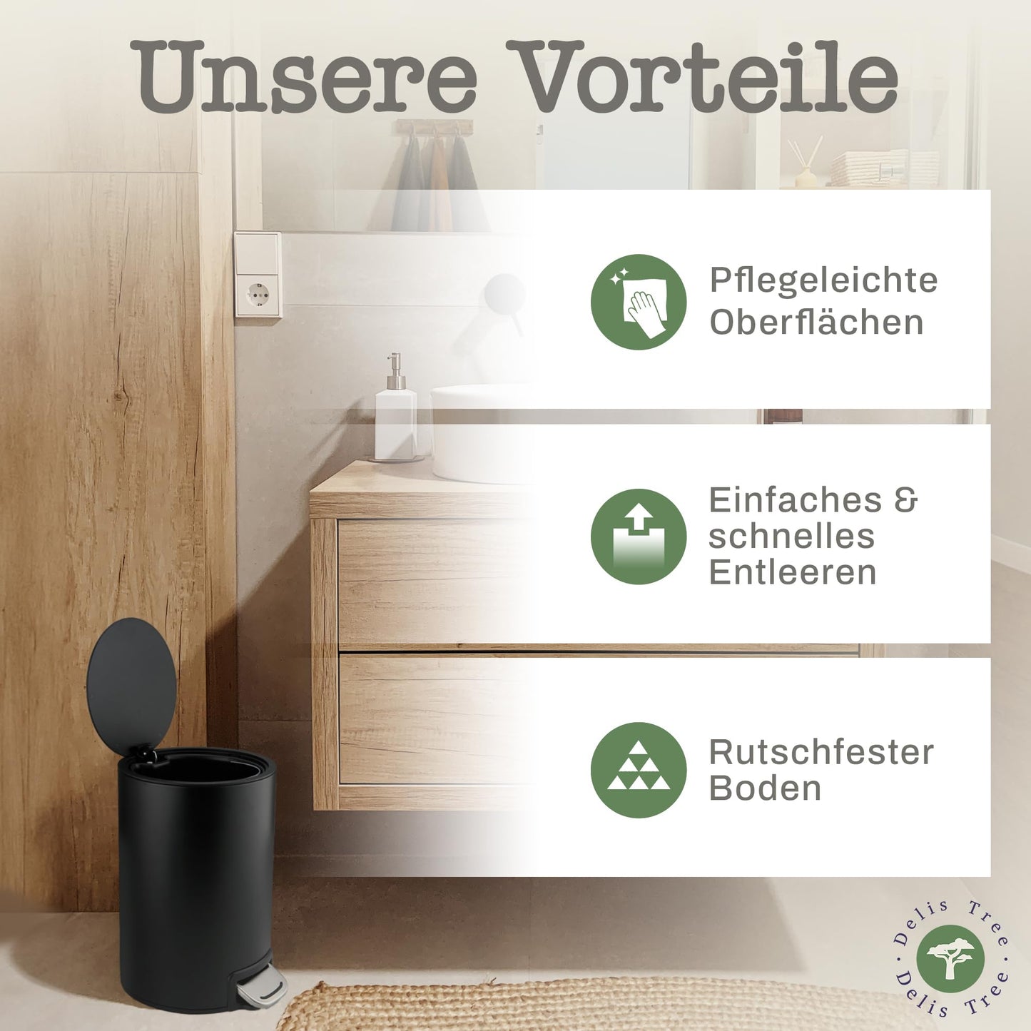 Delis Tree Mülleimer 5L, Tretmülleimer mit edlem Design & Softclose, Anti-Geruch Abfalleimer, für Bad Badezimmer Toilette Küche Büro, Müll Eimer Trash Haushalt Kosmetik Mülltonne Inneneimer (Schwarz)