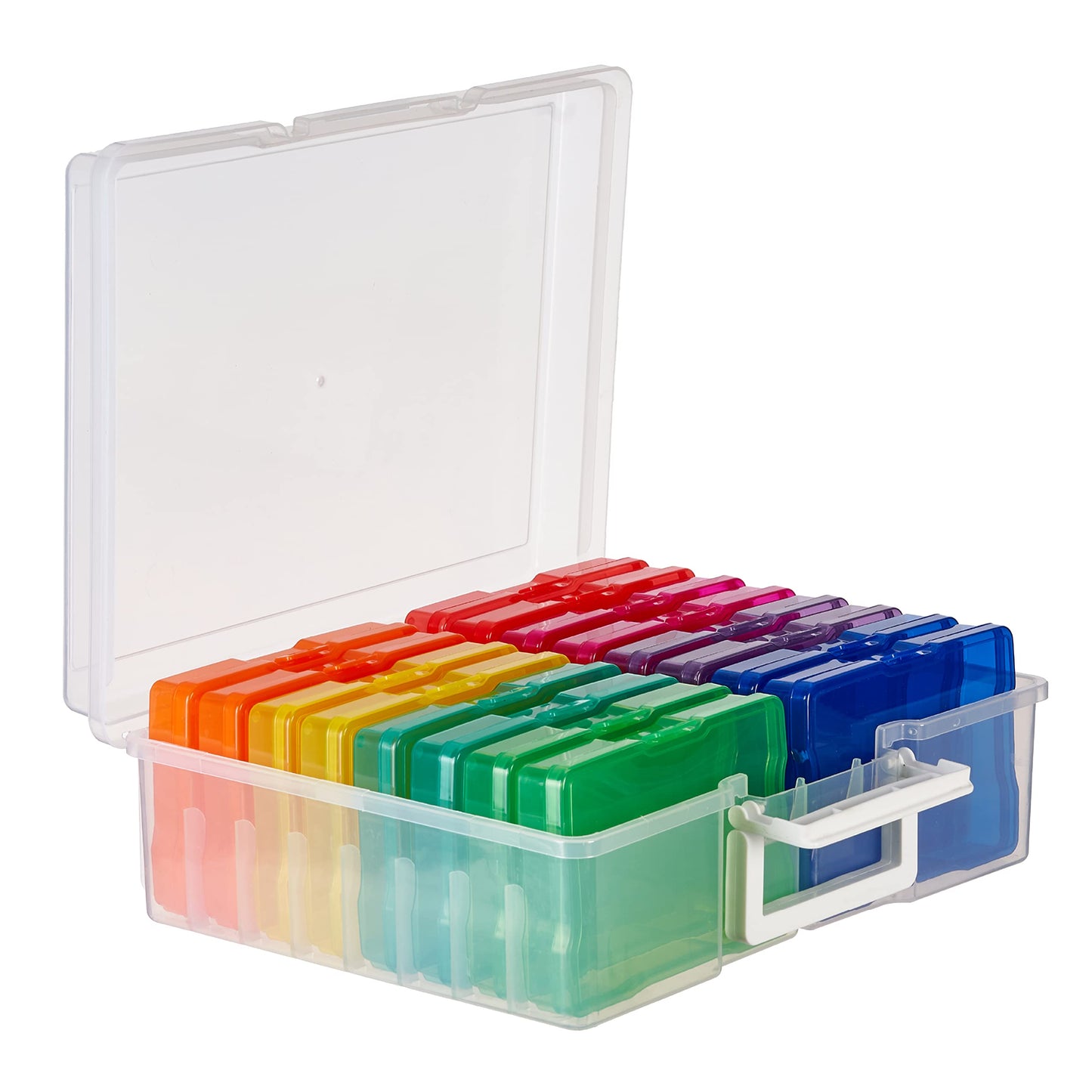 MATANA Foto-Aufbewahrungsbox (38x30x13cm, Farbig) für 15x10cm Fotos - Foto Organizer Box mit 16 Fächern und Etiketten - Sticker & Saatgut Aufbewahrung