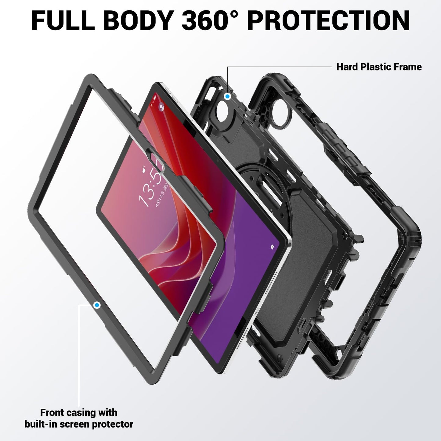SEYMAC Hülle für Lenovo Tab M11 2024 (TB-330FU/TB-331FC), Stoßfeste für Lenovo Tab M11 Hülle mit Displayschutzfolie, 360° Drehbarer Ständer und Handschlaufe, Schultergurt, Stifthalter, Schwarz