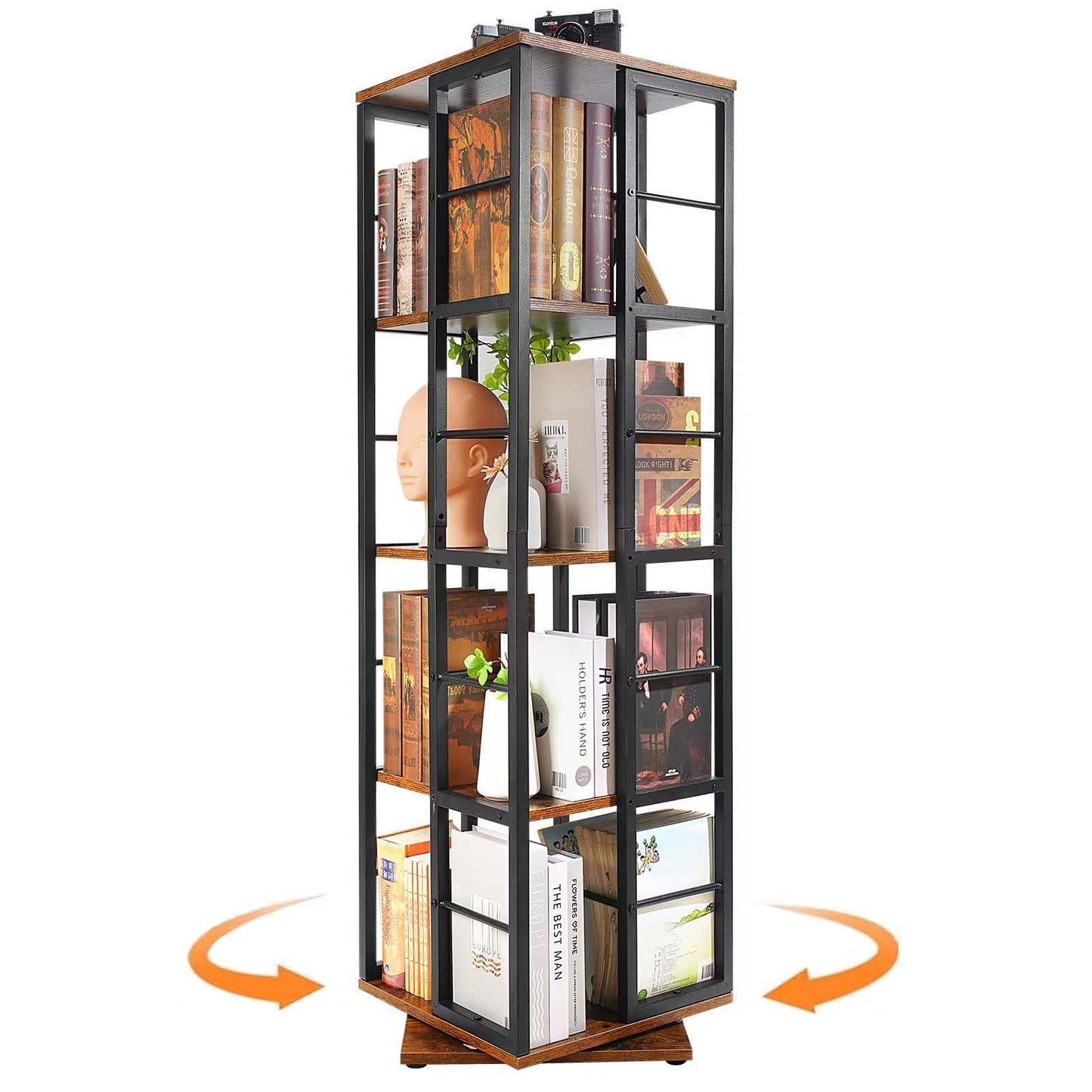 Schwarzes, 5-etagiges drehbares Bücherregal von Nivadeui im Wohnzimmer, aus Holz und Metall, mit Büchern und Dekorationen, Maße 40 x 40 x 137,16 cm.
