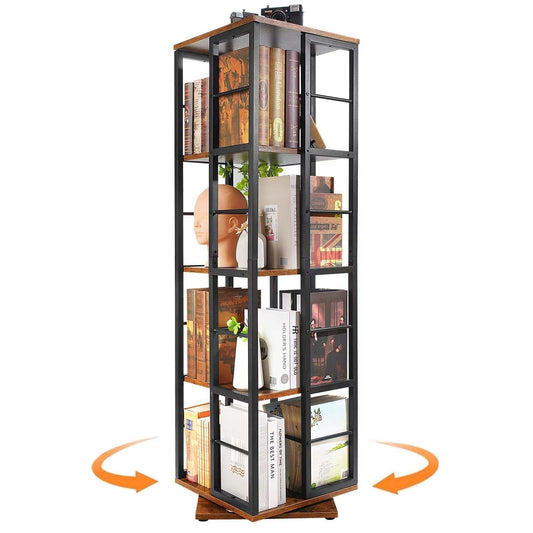 Schwarzes, 5-etagiges drehbares Bücherregal von Nivadeui im Wohnzimmer, aus Holz und Metall, mit Büchern und Dekorationen, Maße 40 x 40 x 137,16 cm.