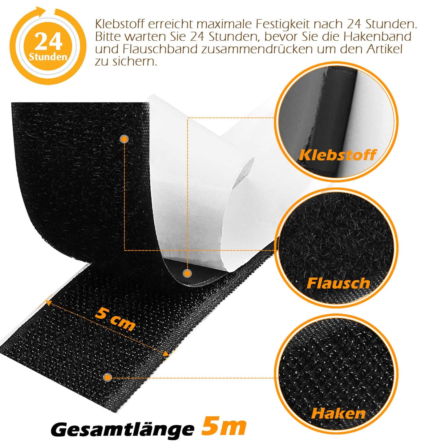 Blooven Klettband Selbstklebend 5 Meter Extra Stark, Doppelseitig Klebende mit Klettverschluss 50mm Breit Selbstklebendes Klebepad Flauschband und Hakenband (Schwarz)