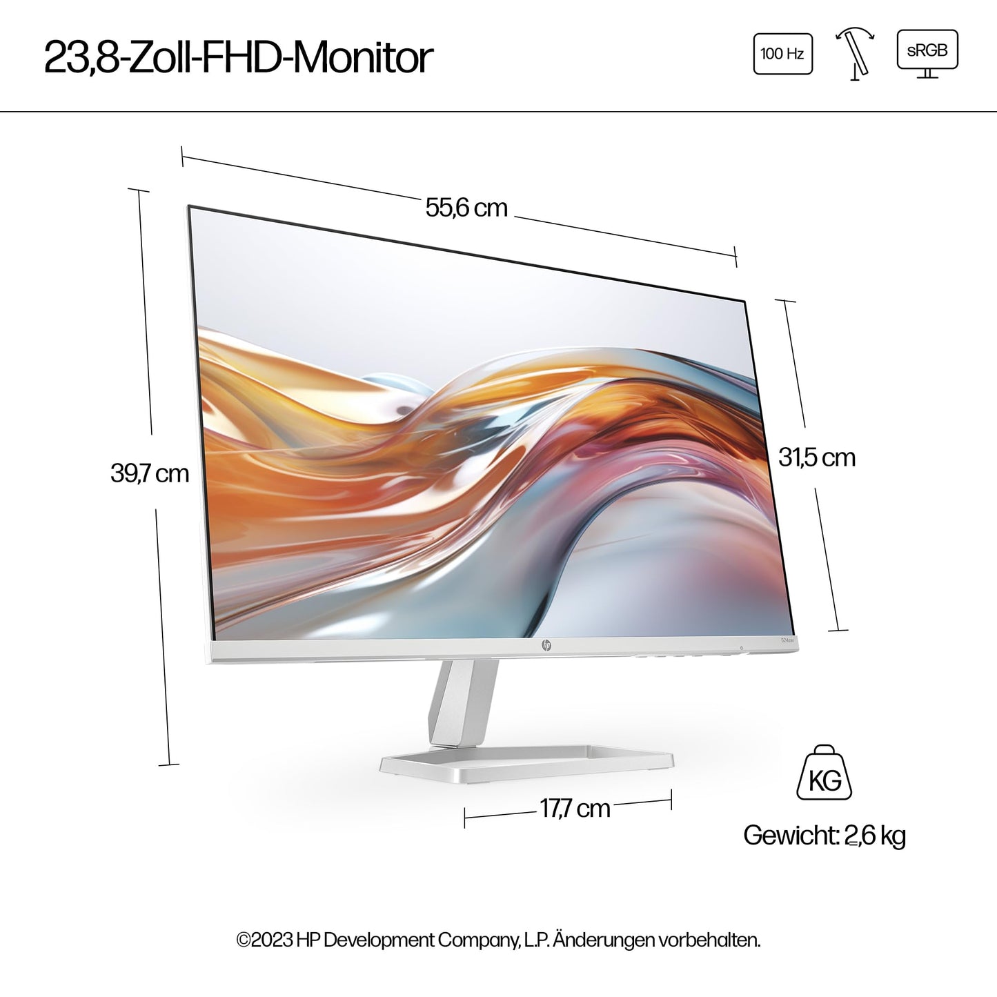 HP Series 5 524sw FHD IPS Monitor | 60,5 cm (23,8 Zoll) | 100Hz | 1920x1080 Pixel (16:9) | 1500:1 Kontrast | 99% sRGB | HDMI 1.4 | VGA | -5 bis +25°Neigung | Nachhaltig | Weiß-Silber