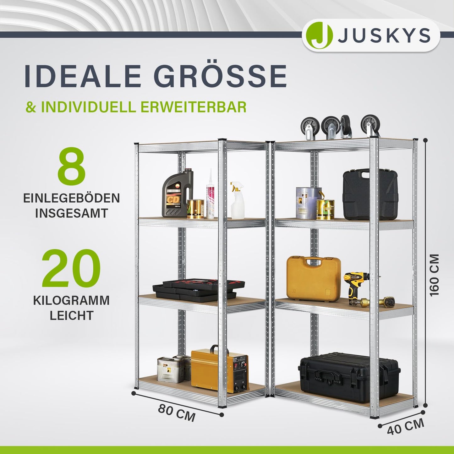 Juskys 2er-Set Lagerregal Easy 2X 160x80x40cm (HxBxT) | 640kg Traglast | 8 Böden | Metall Schwerlastregal Kellerregal Steckregal Regal Regalsystem Metallregal