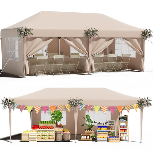 TRIUMPHKEY Pavillon, Faltpavillon 3x6 m mit 6 Seitenwänden, Partyzelt UV-Schutz 50+, Höhenverstellbarer Gartenpavillon mit Tragetasche,Pavillion für Outdoor Garten Camping Grün,Beige