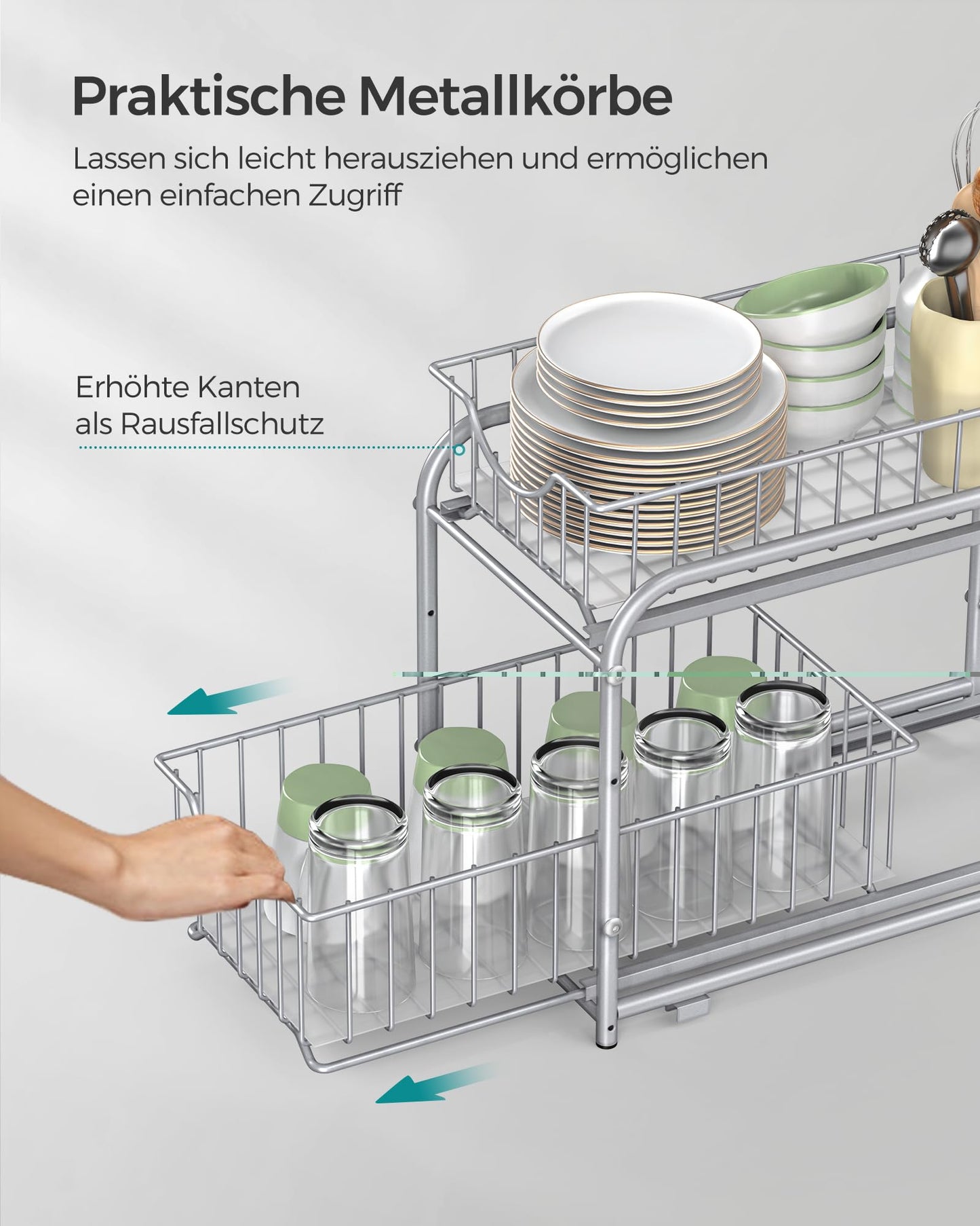 SONGMICS Küchenschrank Organizer, Küchenregal, Ordnungssystem, 2 Ebenen, stapelbar, erweiterbar, mit Metallkörben, für Küche, metallisches Silber KCS017E01