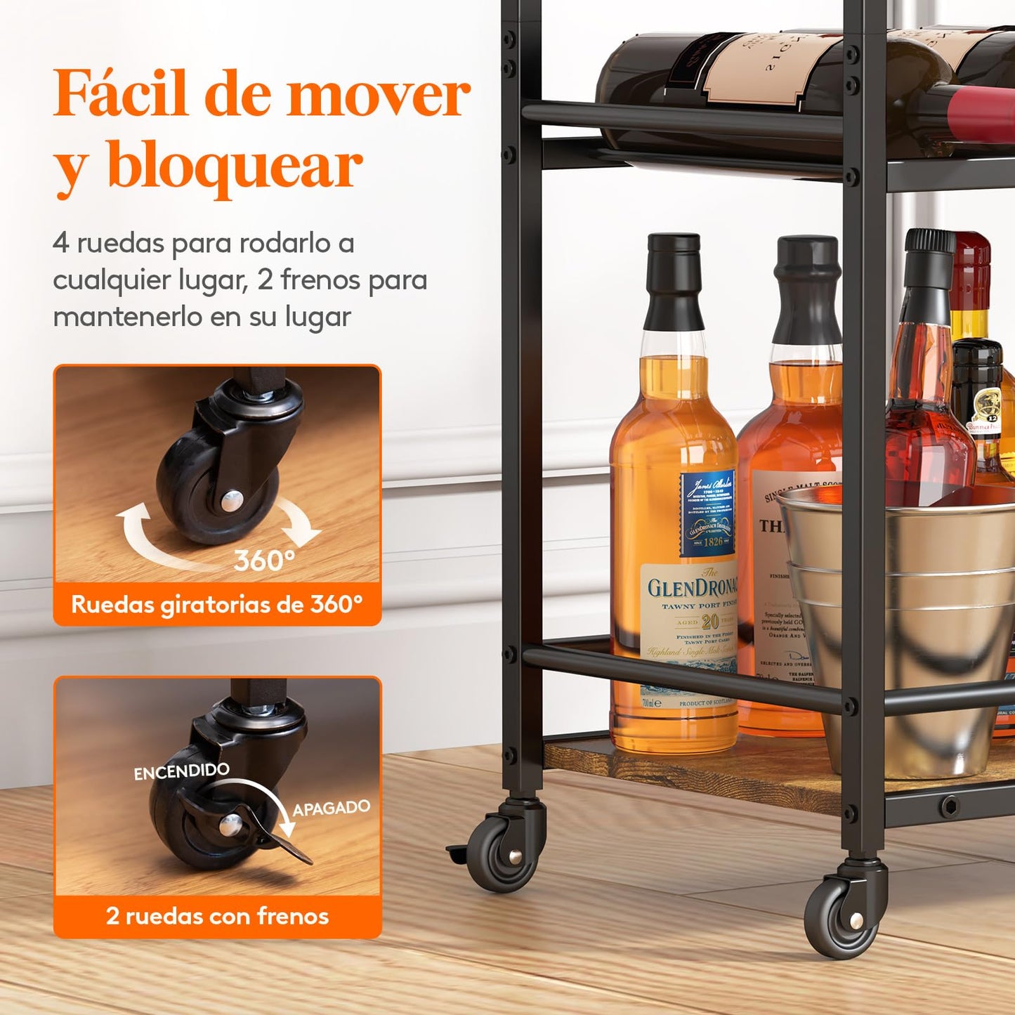 Lifewit Servierwagen, 3-stöckiger Barwagen mit blockierbaren Rädern, Weinregal und Glashaltern, Küchenwagen, Esszimmer, Wohnzimmer, 63,2 x 30 x 81,5 cm, Rustikales Braun