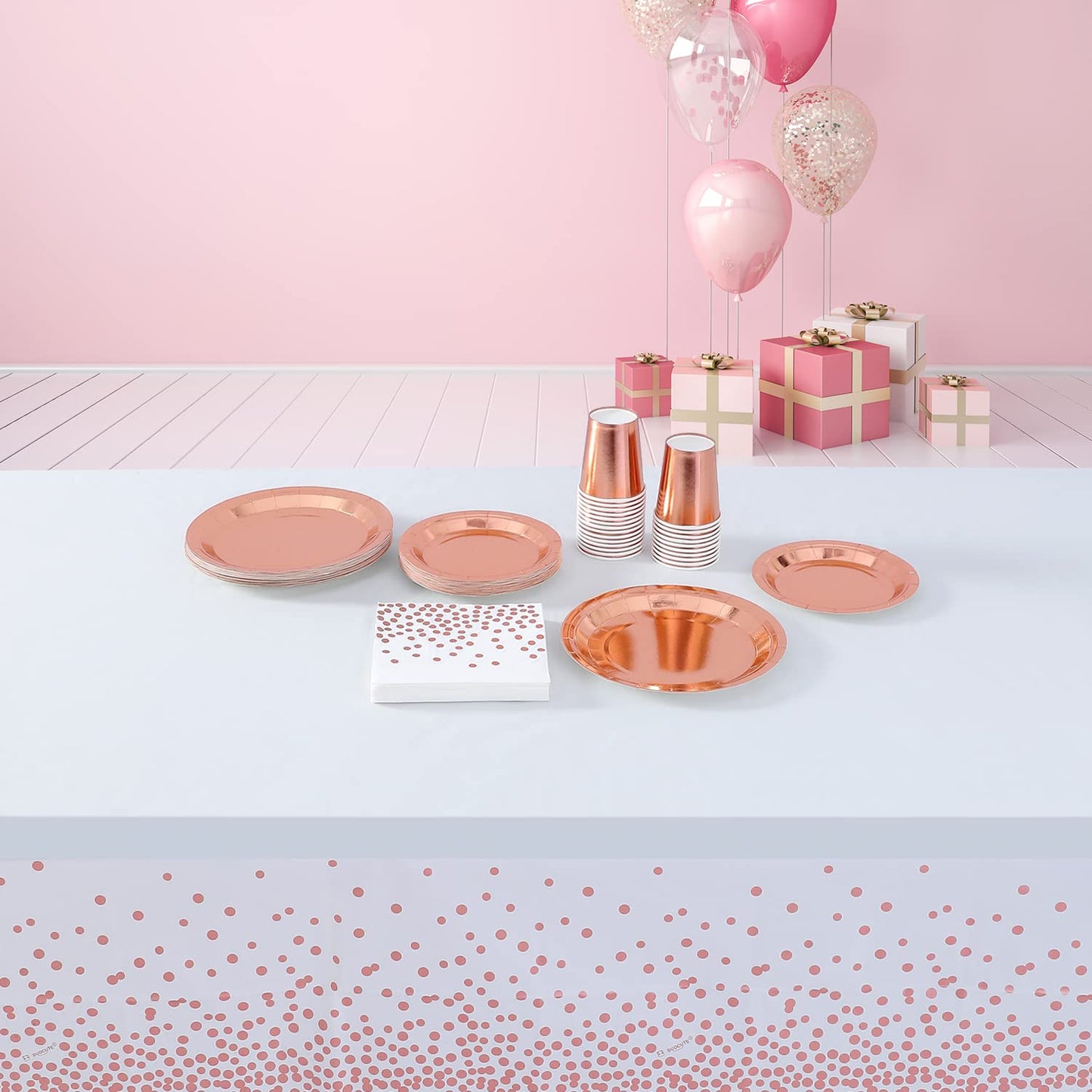 2 Stück Rose Gold Dot und Weiß Party Tischdecke Rechteckiger Rose Gold Dot Confetti Geburtstag Tischdecke für Geburtstag, Braut Shower, Jahrestag, Hochzeit 108"x 54"
