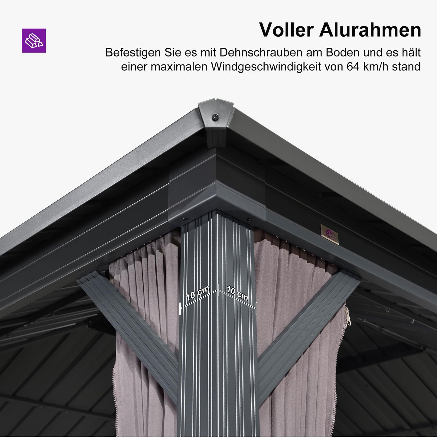 PURPLE LEAF Gartenpavillon 2.4 x 2.4 m Festem Dach, Basisch Pavillon Wasserdicht Stabil Winterfest Stahldach Hardtop Pavillon mit Seitenteilen Alu Pavillon für Grillpavillon, Grau