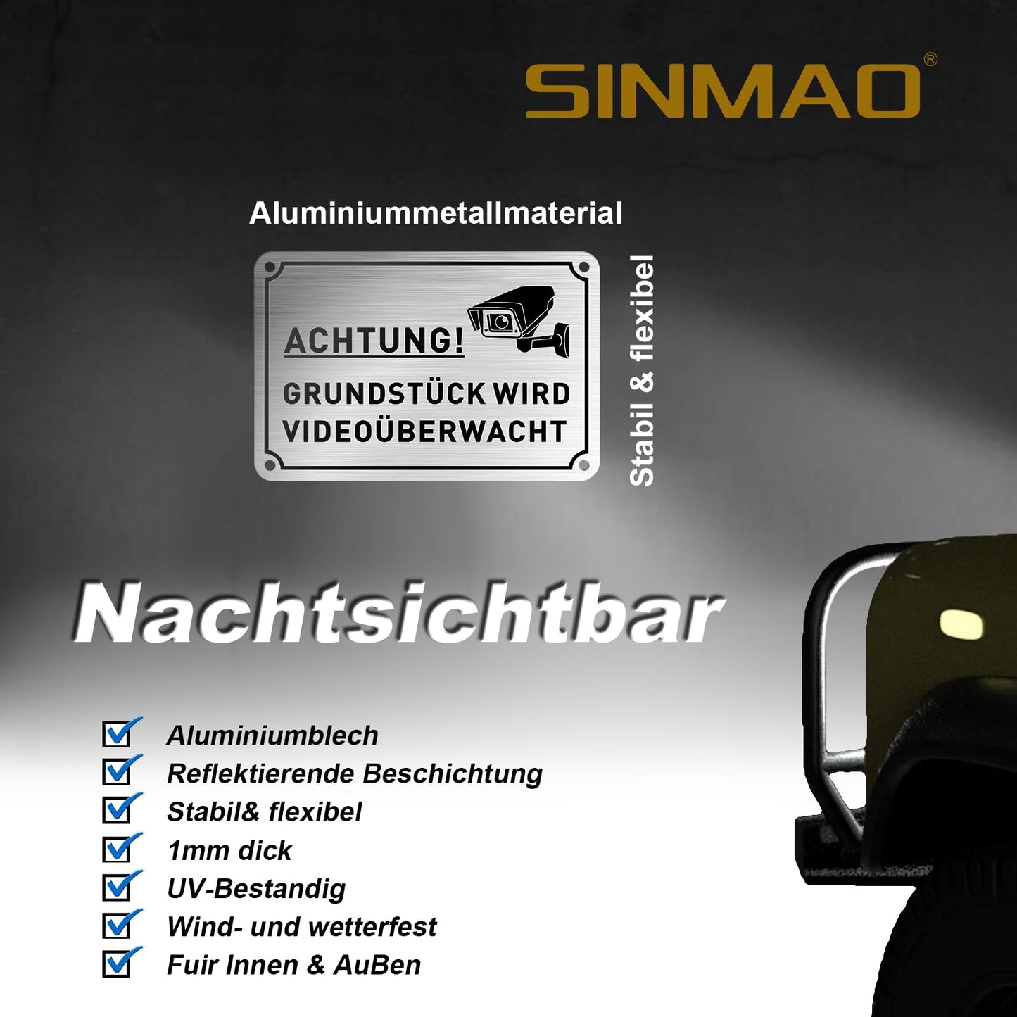 SINMAO “ACHTUNG!GRUNDSTÜCK WIRD VIDEOÜBERWACHT ”mit Bohrlächer,Wetterfest,Reflektierend - (15 x 10 cm,0.1 cm Dick）- Warntafel-Videoüberwachung Schilder