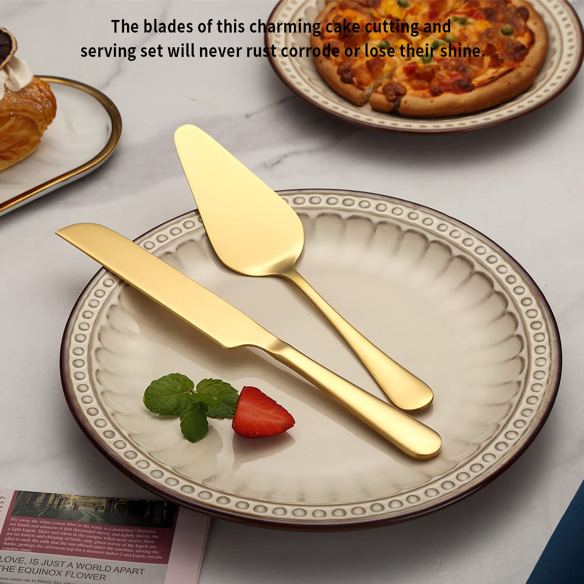 Kyraton Gold Hochzeits tortenmesser und Server Set, Edelstahl Titan-Vergoldung Kuchenheber & Tortenheber für die Hochzeit beinhalten Tortenausstecher und Tortenheber