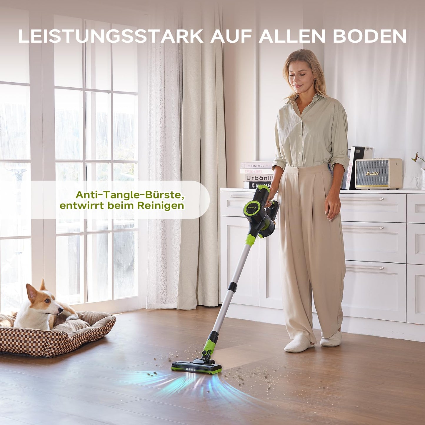 FAMIVAC Akku Staubsauger, 40KPa/550W Kabellos Akkustaubsauger, 6-in-1 Selbststehend, Starke Saugleistung, 6-Stufiges Filtersystem, Ultraleise, V-förmige Bodenbürste für Hartböden/Teppich/Tierhaare