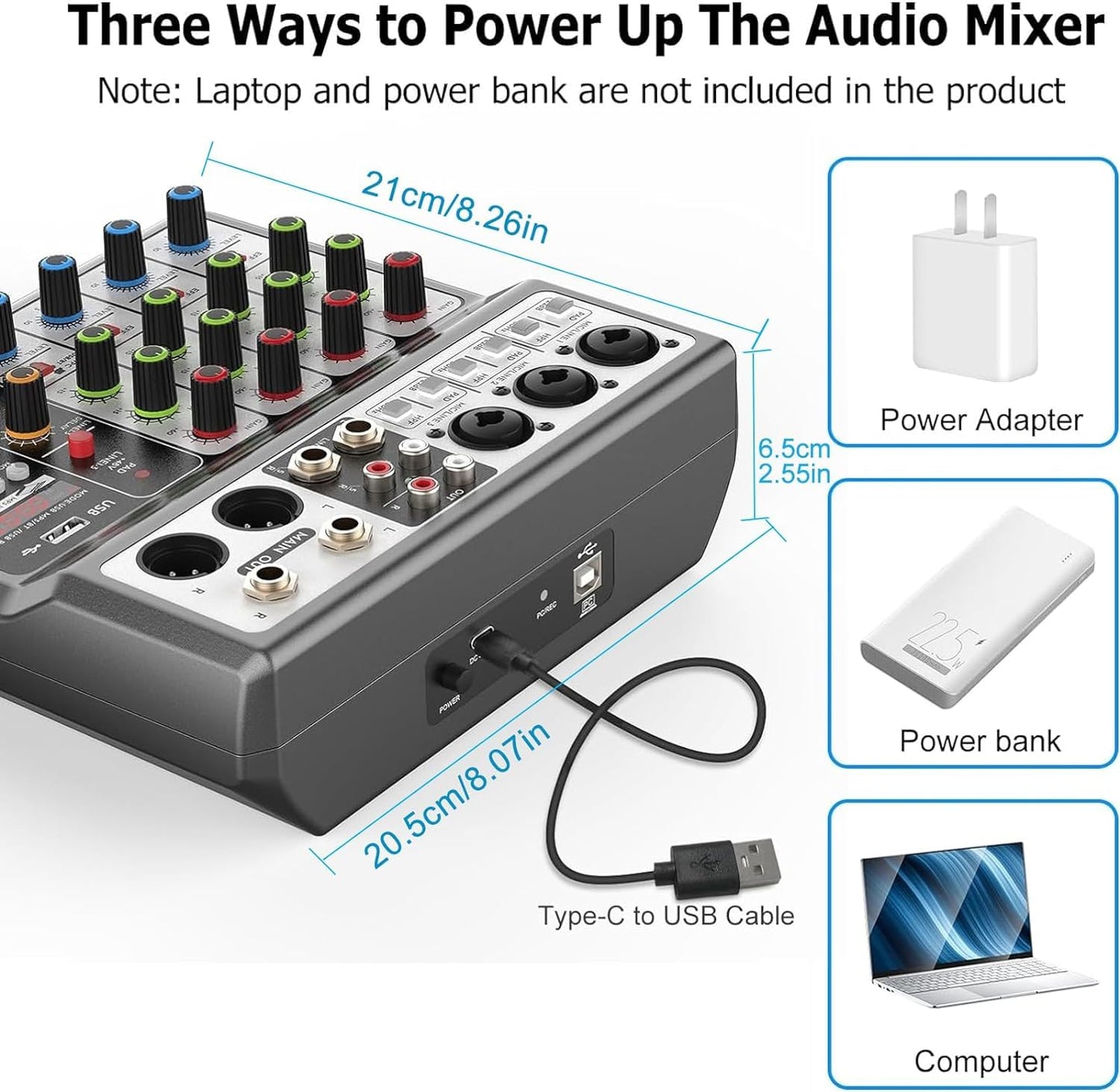 Aveek Professioneller Audio-Mixer, Soundboard-Mischpult mit 5-Kanal-Digital-USB-Bluetooth-Hall-Delay-Effekt, Eingang 48 V Phantomspeisung, Stereo-DJ-Mixer für Aufnahmen, Live-Streaming, Podcasting