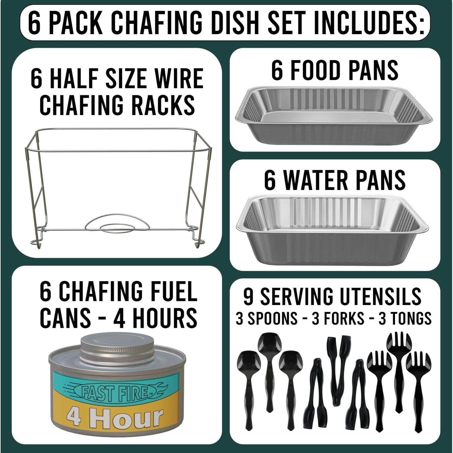 Chafing Dish Buffet-Set, halbe Größe, Einweg-Gastronomiebedarf, 6 Stück, Speisenwärmer für Partys: faltbare Drahtregale, Brennstoff, Aluminium-Wasserpfannen, Lebensmittelpfannen, Servierutensilien,